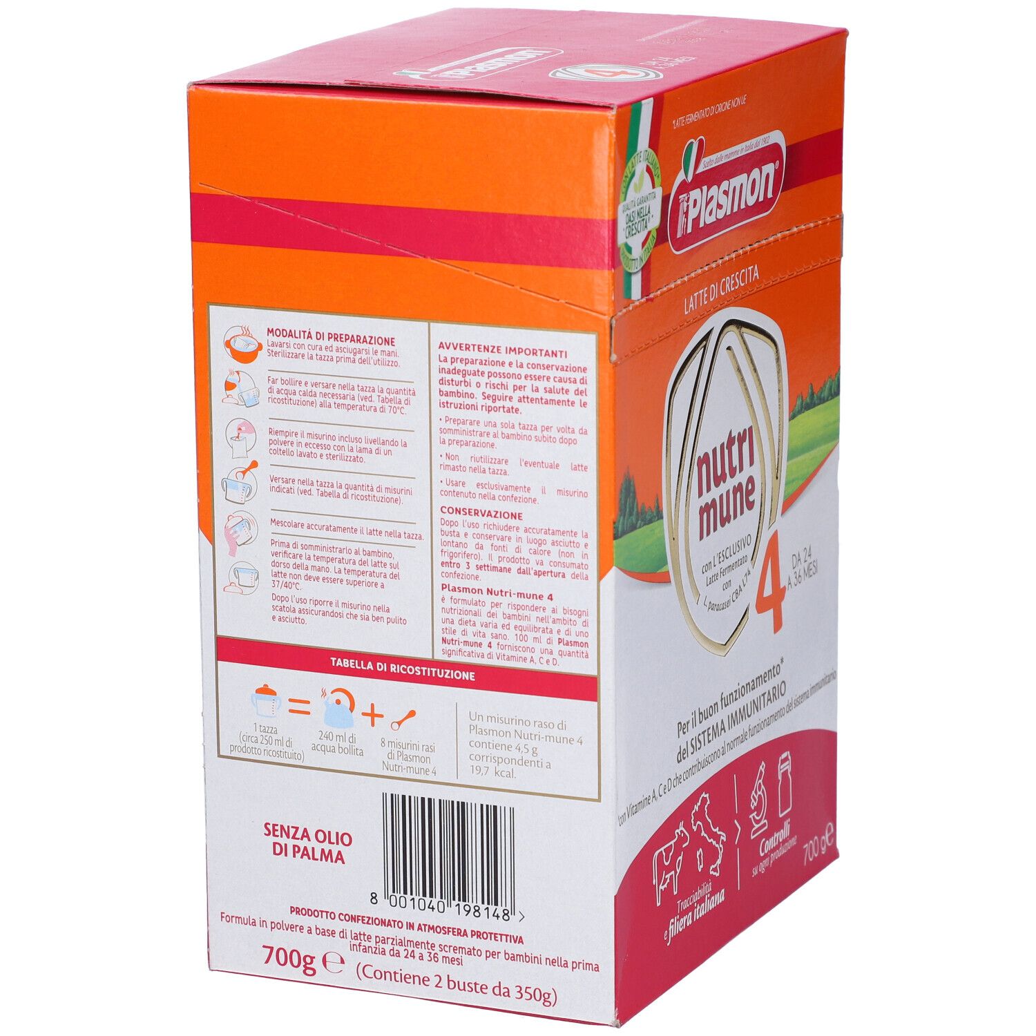Retro della confezione Plasmon Nutri-Mune Ltt S4 700G. Informazioni, istruzioni e valori nutrizionali.