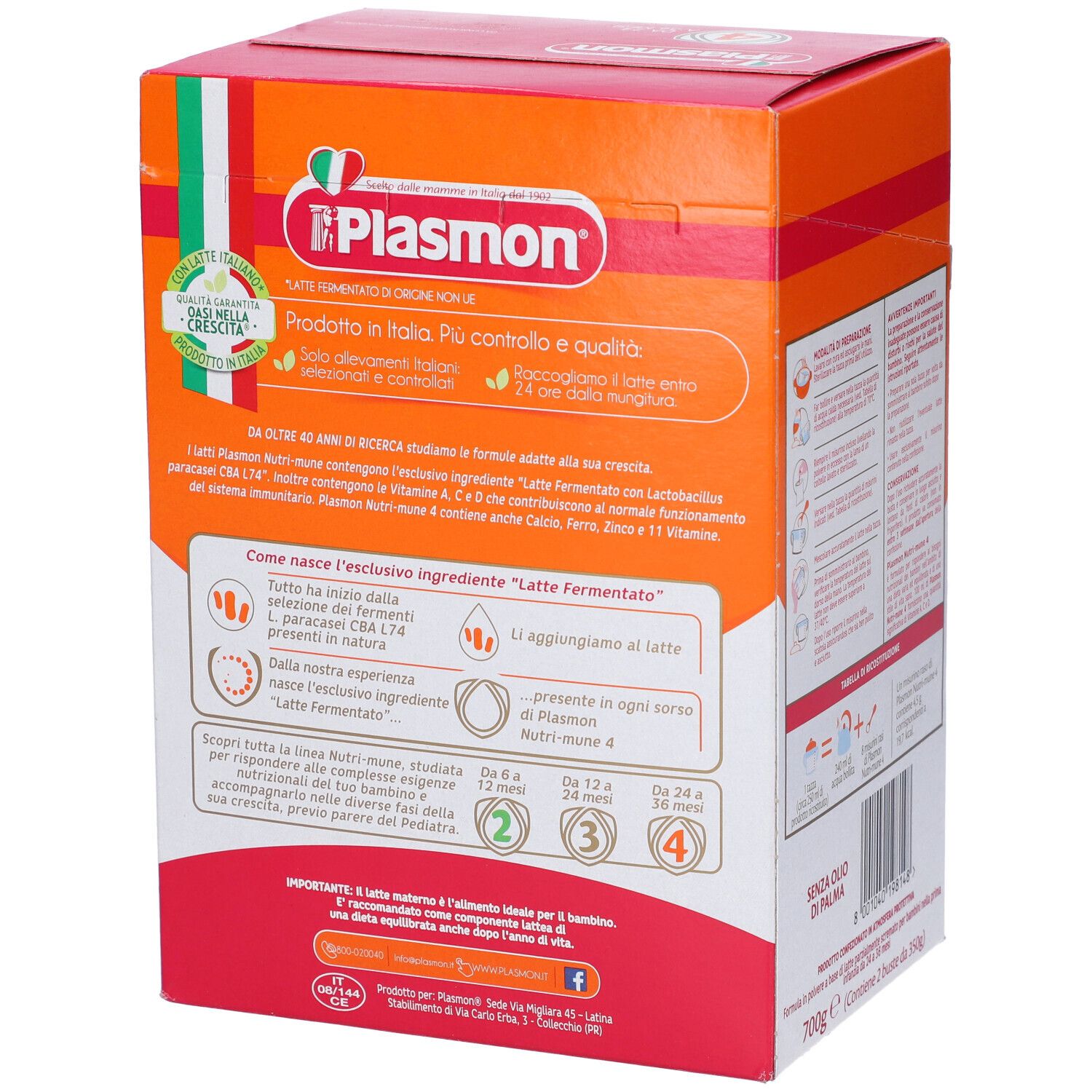 Lato della confezione Plasmon Nutri-Mune Ltt S4 700G. Informazioni, ingredienti e logo.