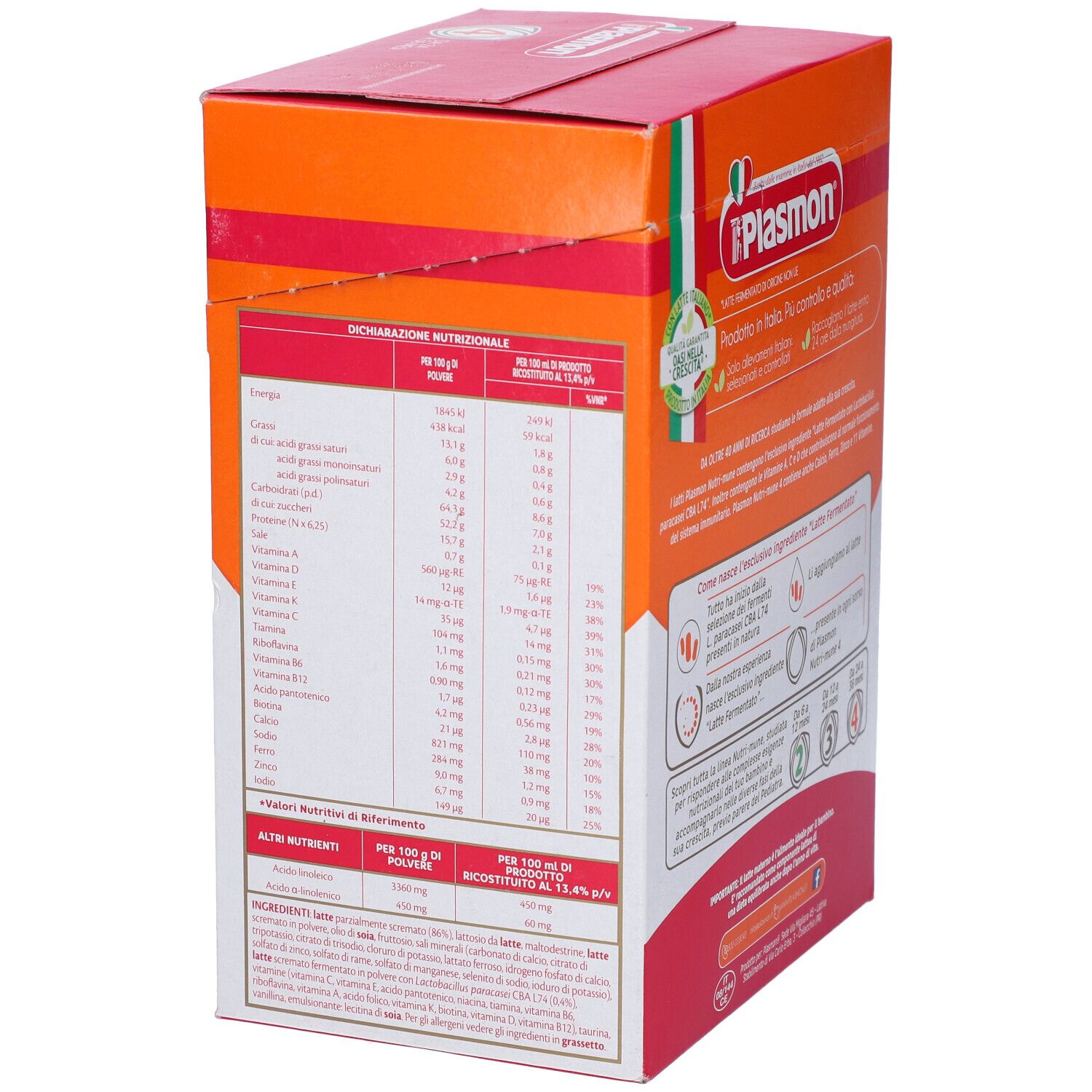 Lato della confezione Plasmon Nutri-Mune Ltt S4 700G. Valori nutrizionali e altre informazioni.