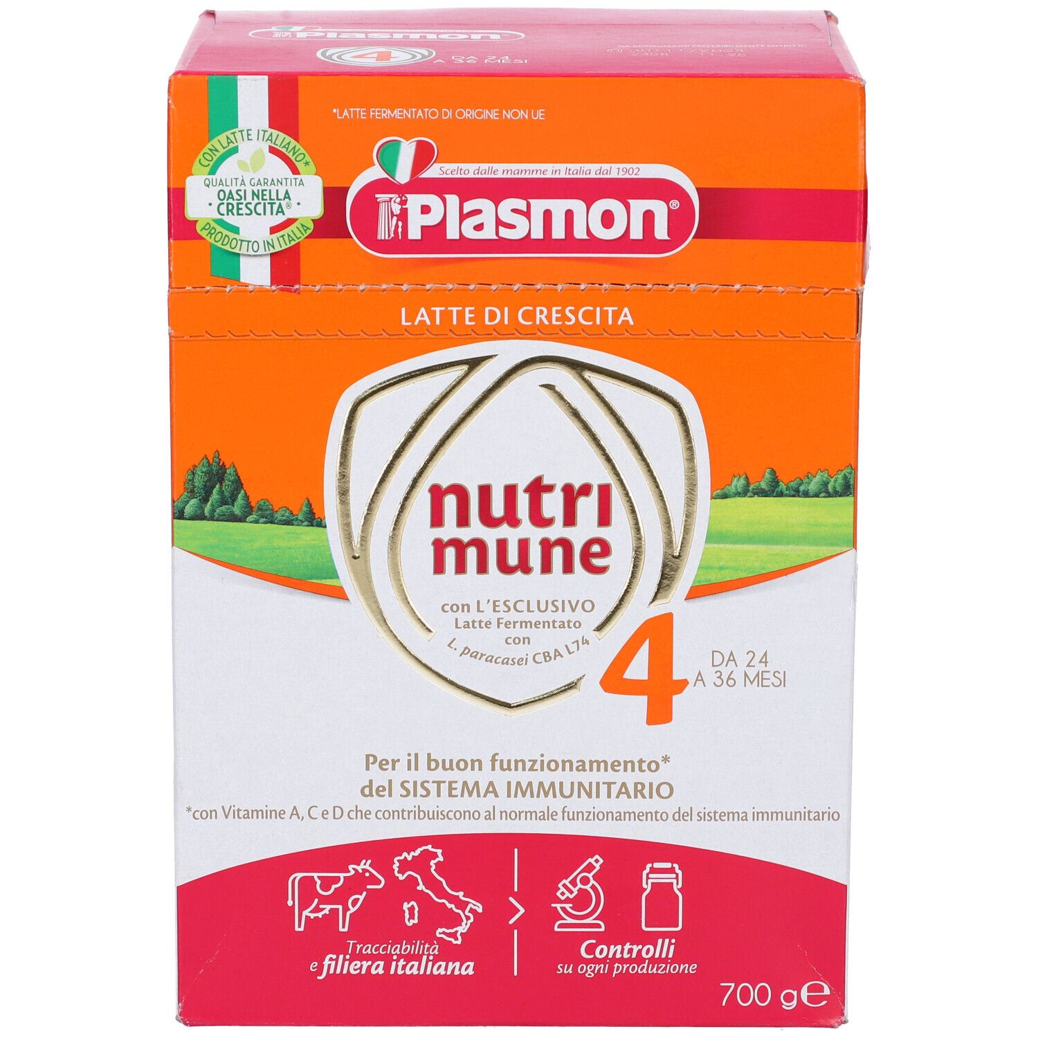Confezione di Plasmon Nutri-Mune Ltt S4 700G. Scatola arancione, bianca e rosa con informazioni e logo.