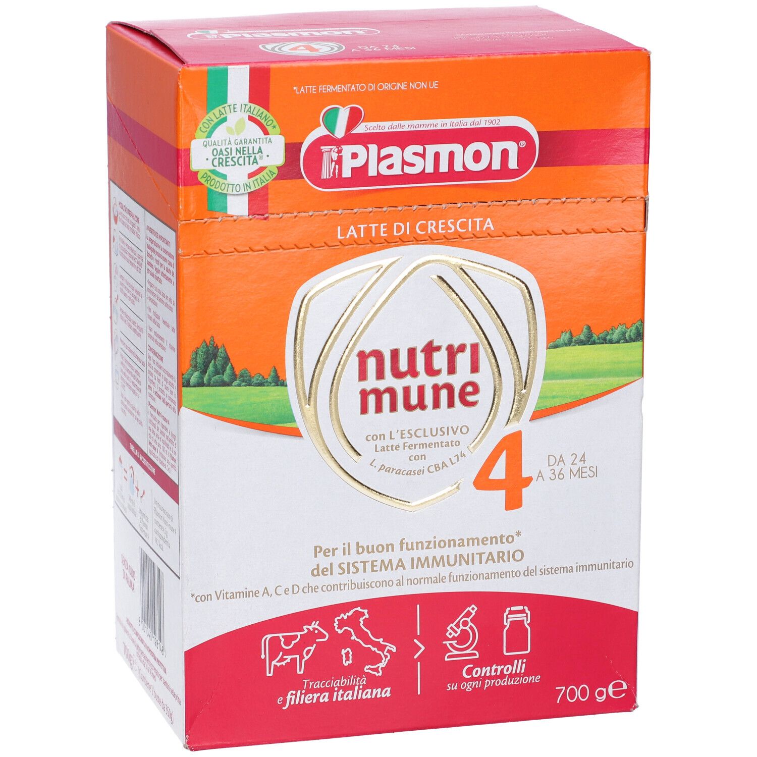 Confezione di Plasmon Nutri-Mune Ltt S4 700G. Scatola arancione, bianca e rosa con informazioni e logo.