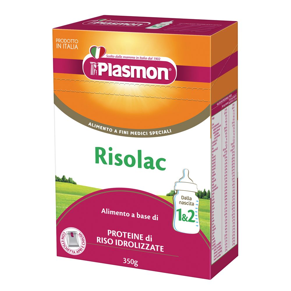 Scatola Plasmon Risolac 1&2. Scritto: Proteine di riso idrolizzate. 350g. Con bandiera italiana.
