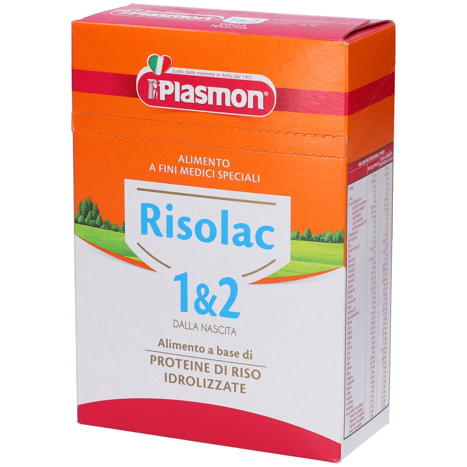 Scatola Plasmon Risolac 1&2. Scritto: Proteine di riso idrolizzate. Design arancione e bianco.