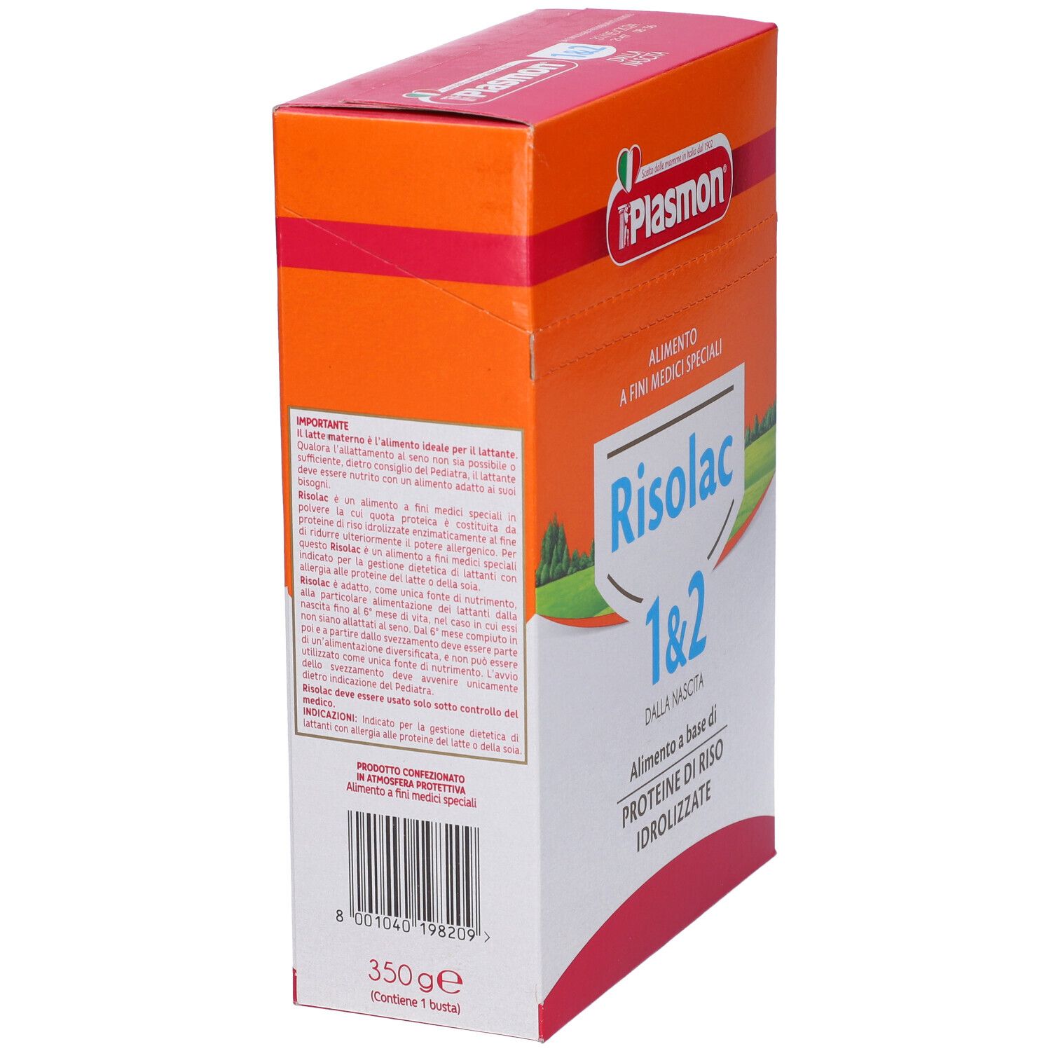 Scatola Plasmon Risolac 1&2, vista laterale. Scritto: Proteine di riso idrolizzate. 350g.