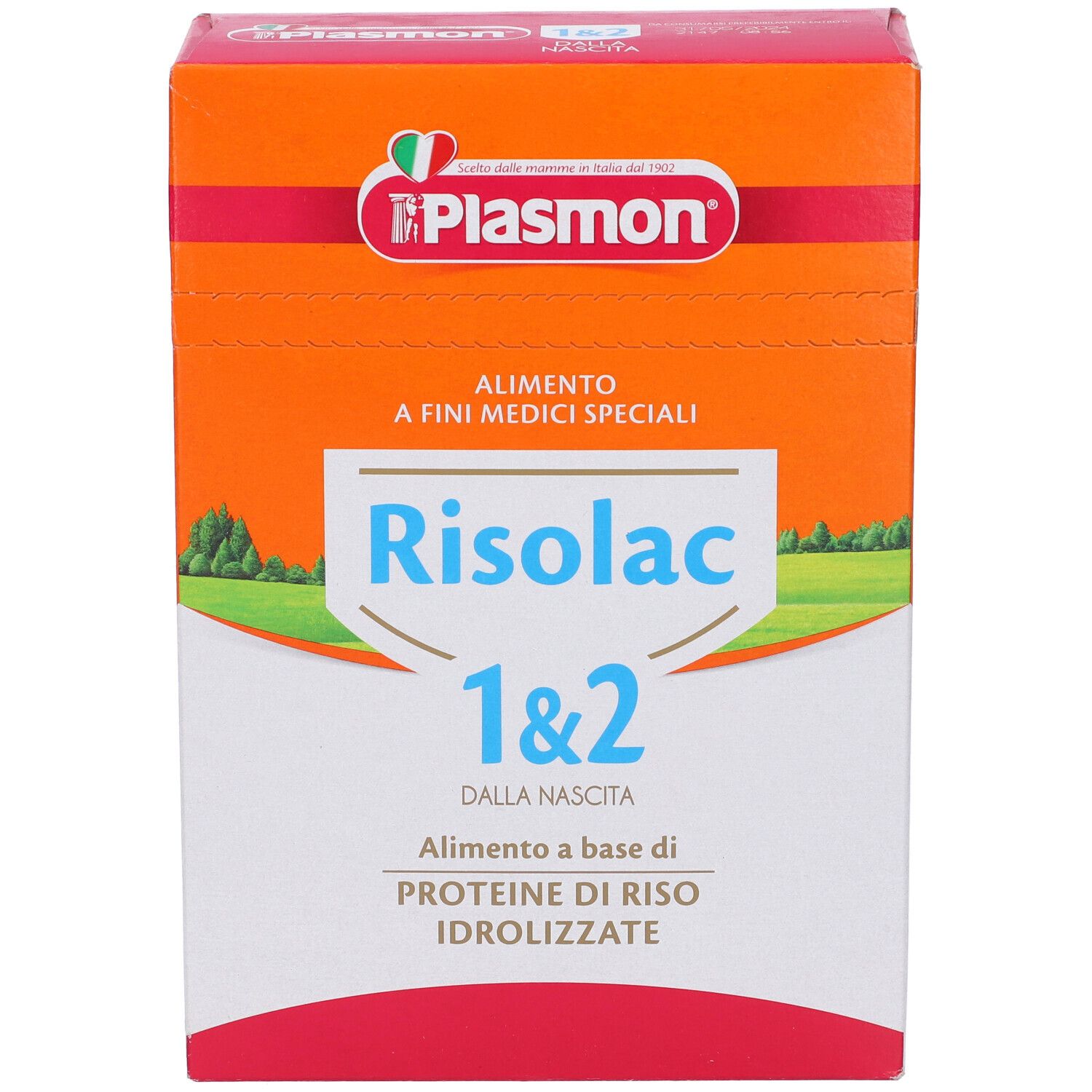 Scatola Plasmon Risolac 1&2. Scritto: Proteine di riso idrolizzate. Design arancione e bianco.