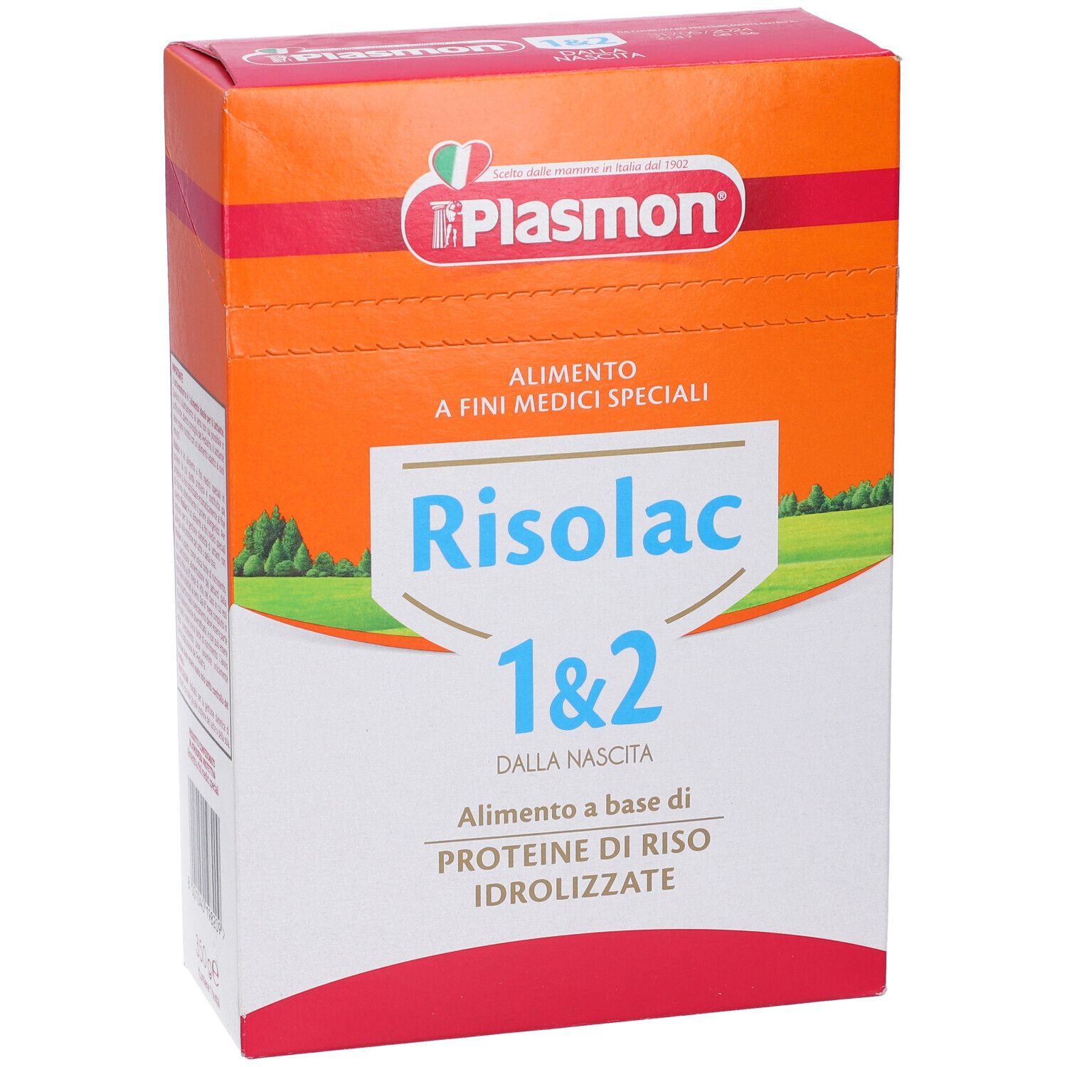 Scatola Plasmon Risolac 1&2. Scritto: Proteine di riso idrolizzate. Design arancione e bianco.
