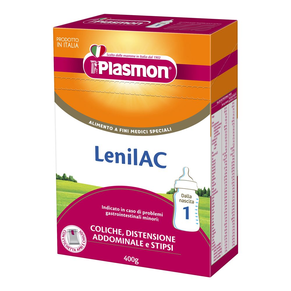 Scatola Plasmon Lenilac 1. Scritto: 'Alimento a fini medici speciali'. Testo: 'Coliche, distensione addominale e stipsi'.