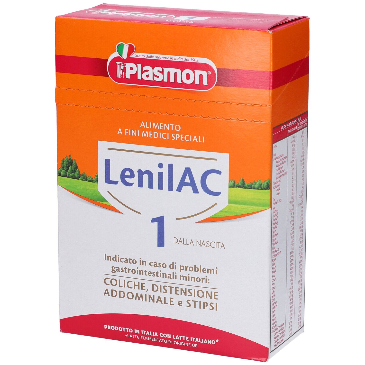 Scatola Plasmon Lenilac 1. Scritto: 'Alimento a fini medici speciali'. Testo: 'Coliche, distensione addominale e stipsi'.