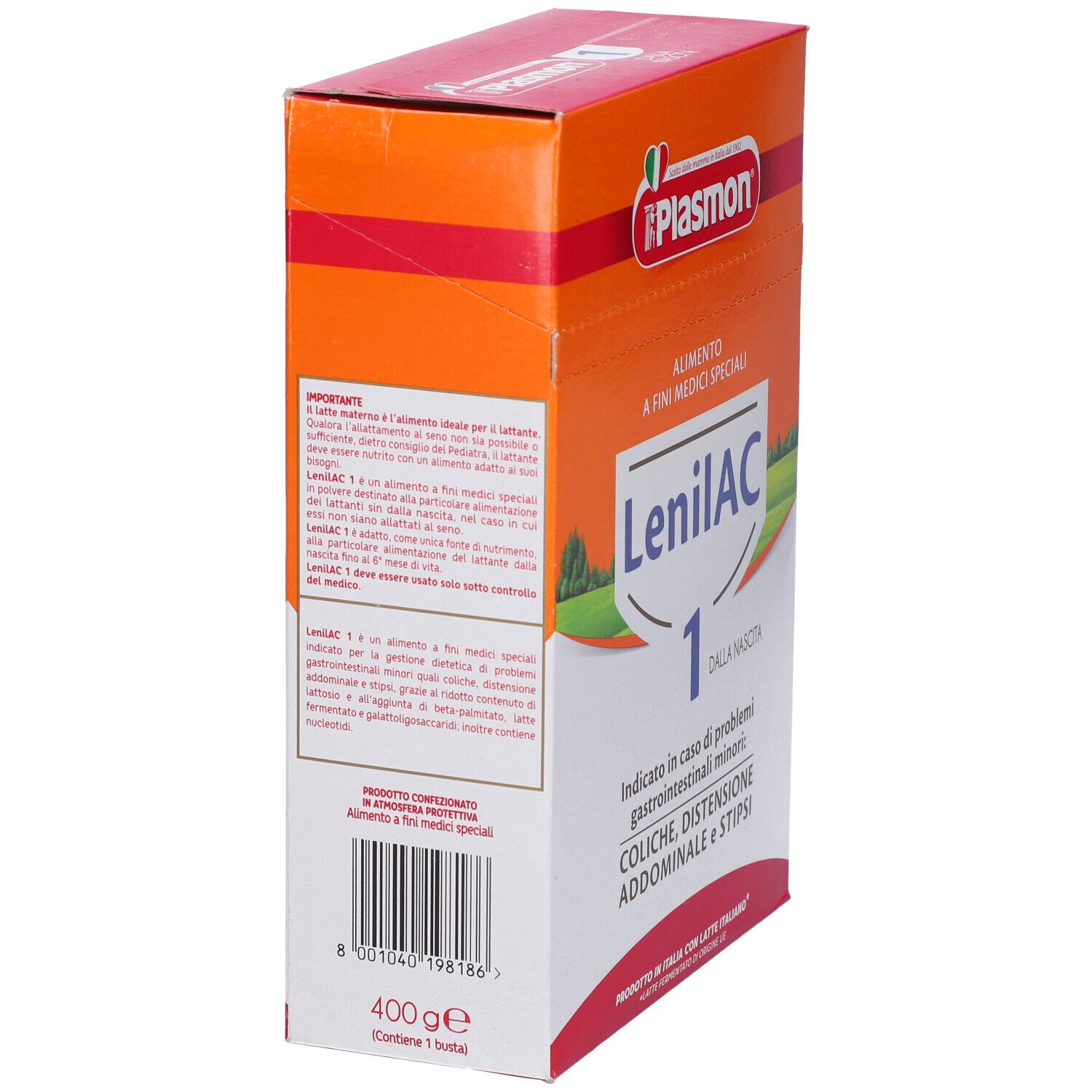 Scatola Plasmon Lenilac 1, vista laterale. Scritto: 'Alimento a fini medici speciali'. Testo: 'Coliche, distensione addominale e stipsi'.
