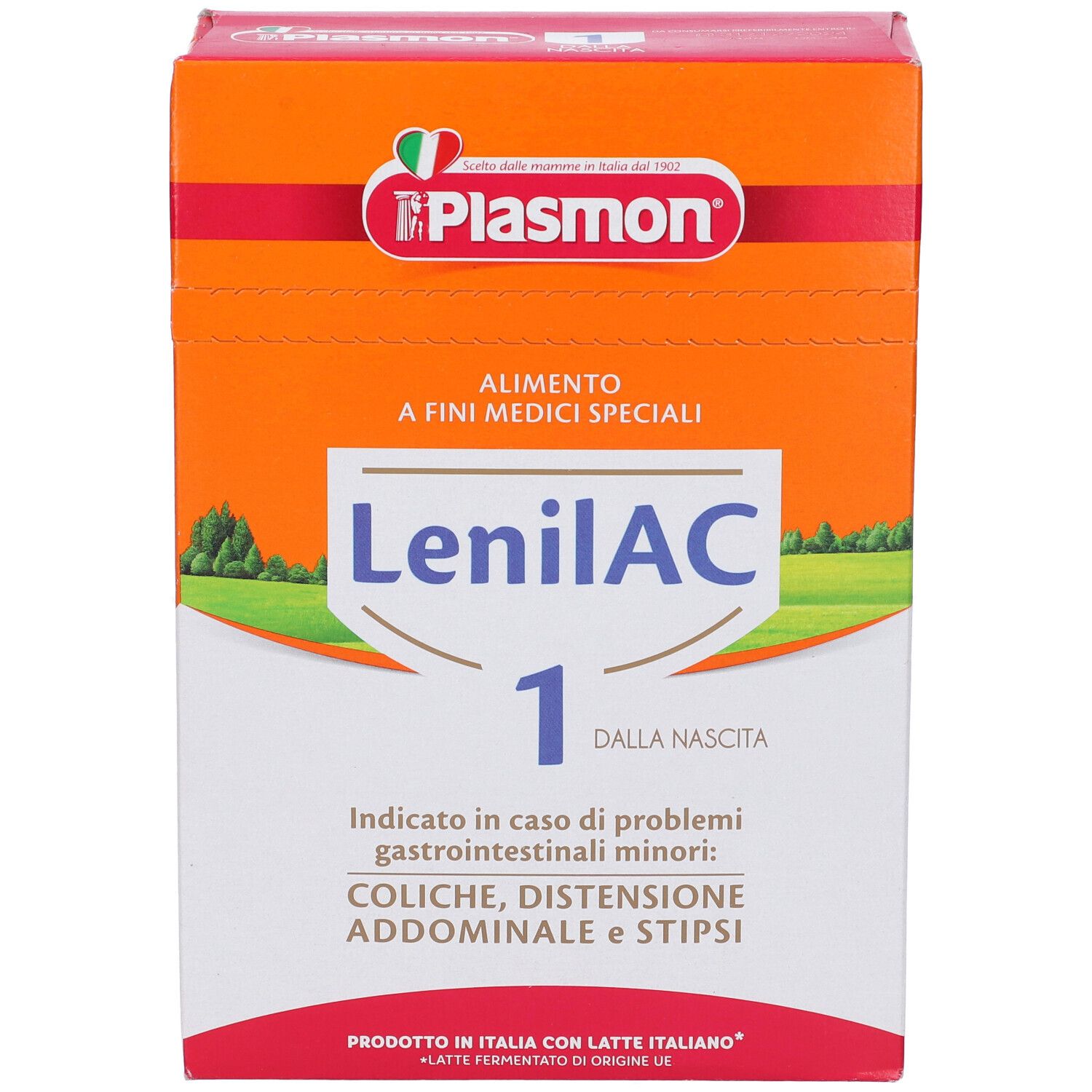 Scatola Plasmon Lenilac 1. Scritto: 'Alimento a fini medici speciali'. Testo: 'Coliche, distensione addominale e stipsi'.