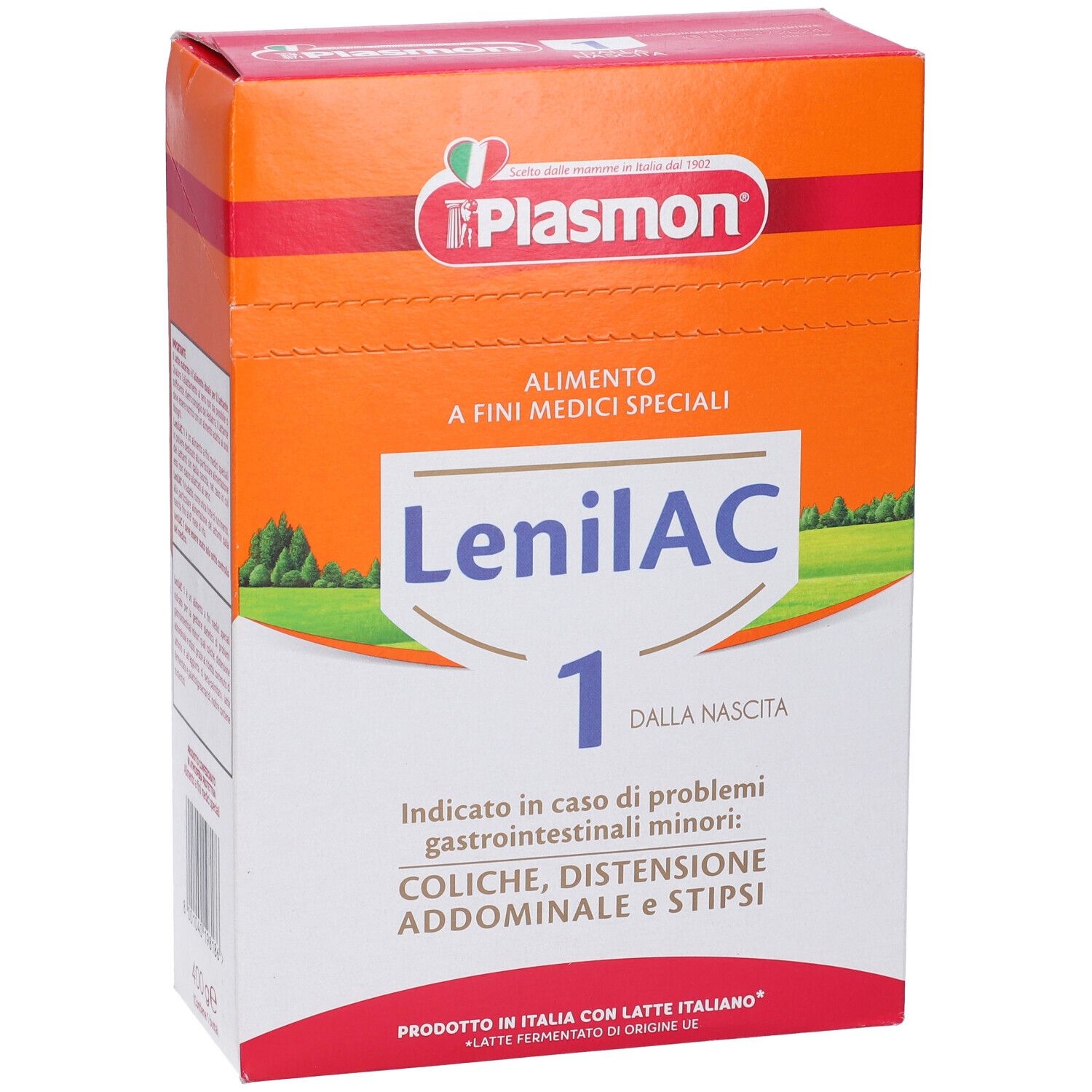 Scatola Plasmon Lenilac 1. Scritto: 'Alimento a fini medici speciali'. Testo: 'Coliche, distensione addominale e stipsi'.