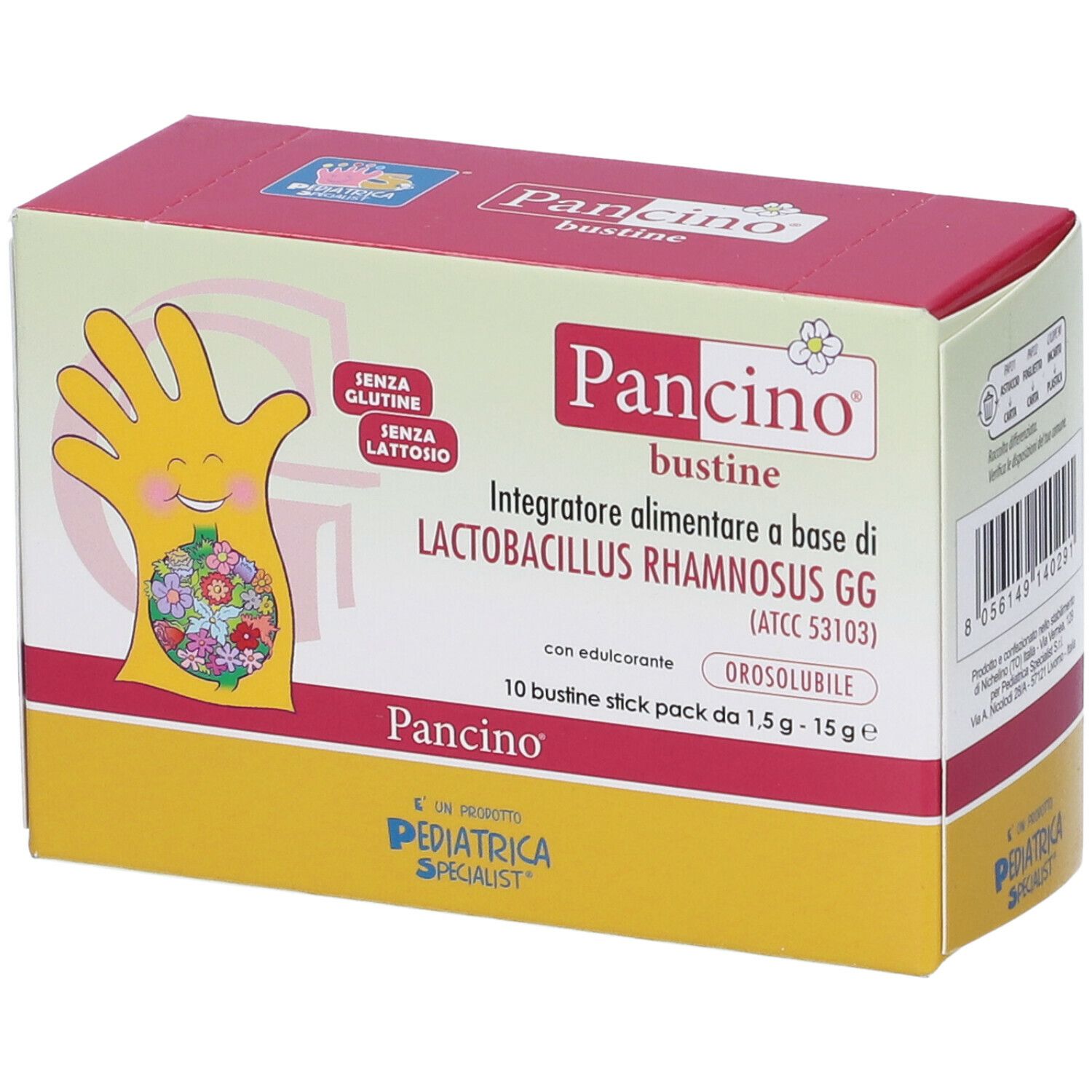 Scatola Pancino con 10 bustine. Scritte: Senza glutine, senza lattosio. Contiene Lactobacillus Rhamnosus GG.