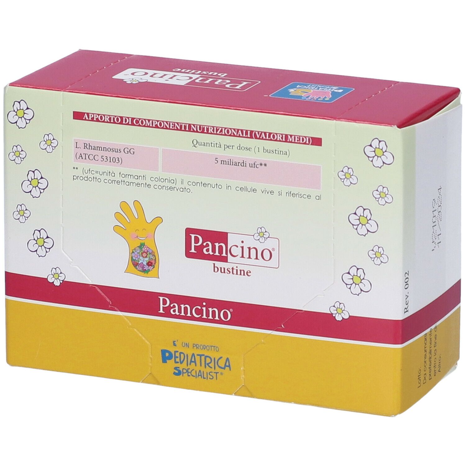Scatola Pancino con design floreale. Scritta: Valori nutrizionali per bustina. Contiene L. Rhamnosus GG.