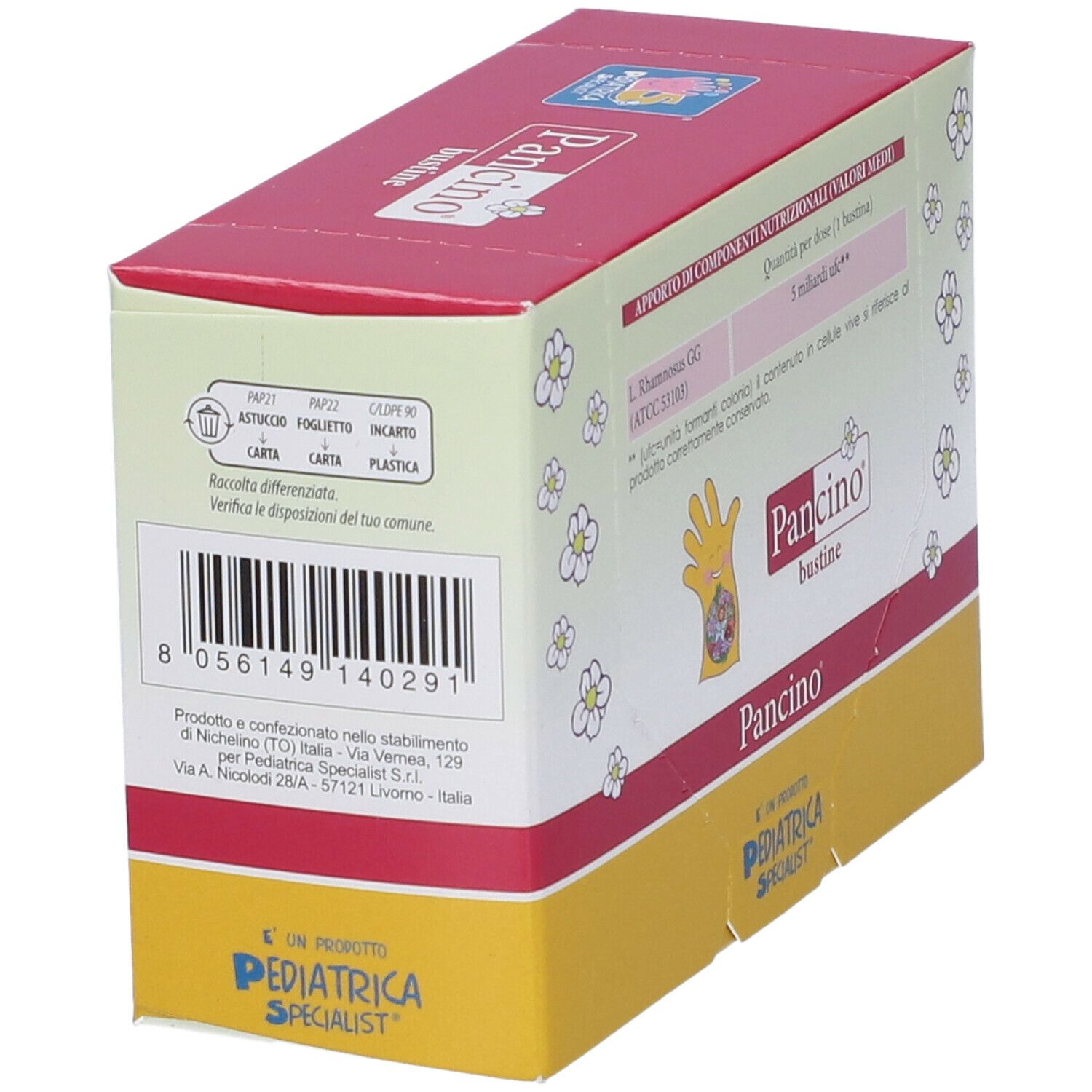 Scatola Pancino, retro. Contiene informazioni sugli ingredienti e il produttore. Con codice a barre.
