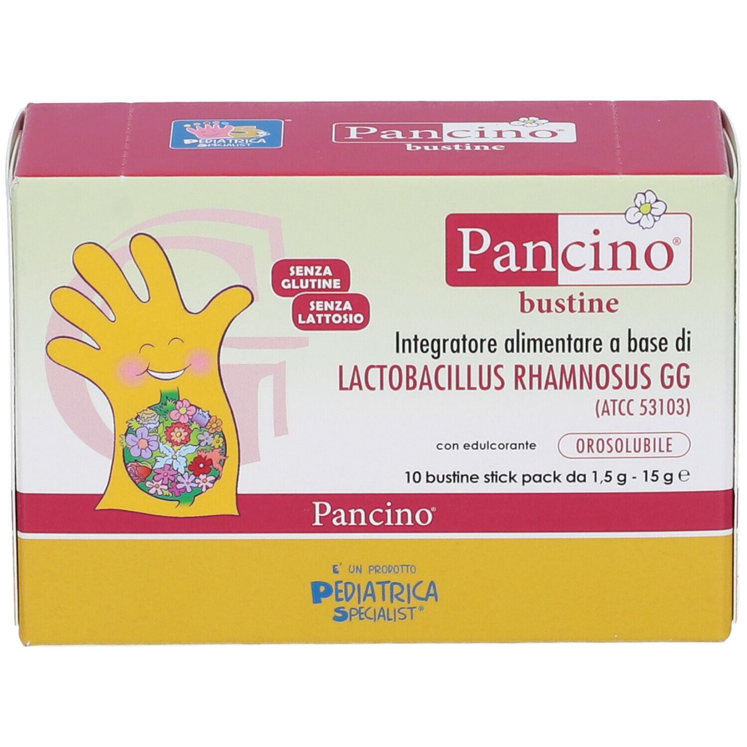 Scatola Pancino con 10 bustine. Scritte: Senza glutine, senza lattosio. Contiene Lactobacillus Rhamnosus GG.