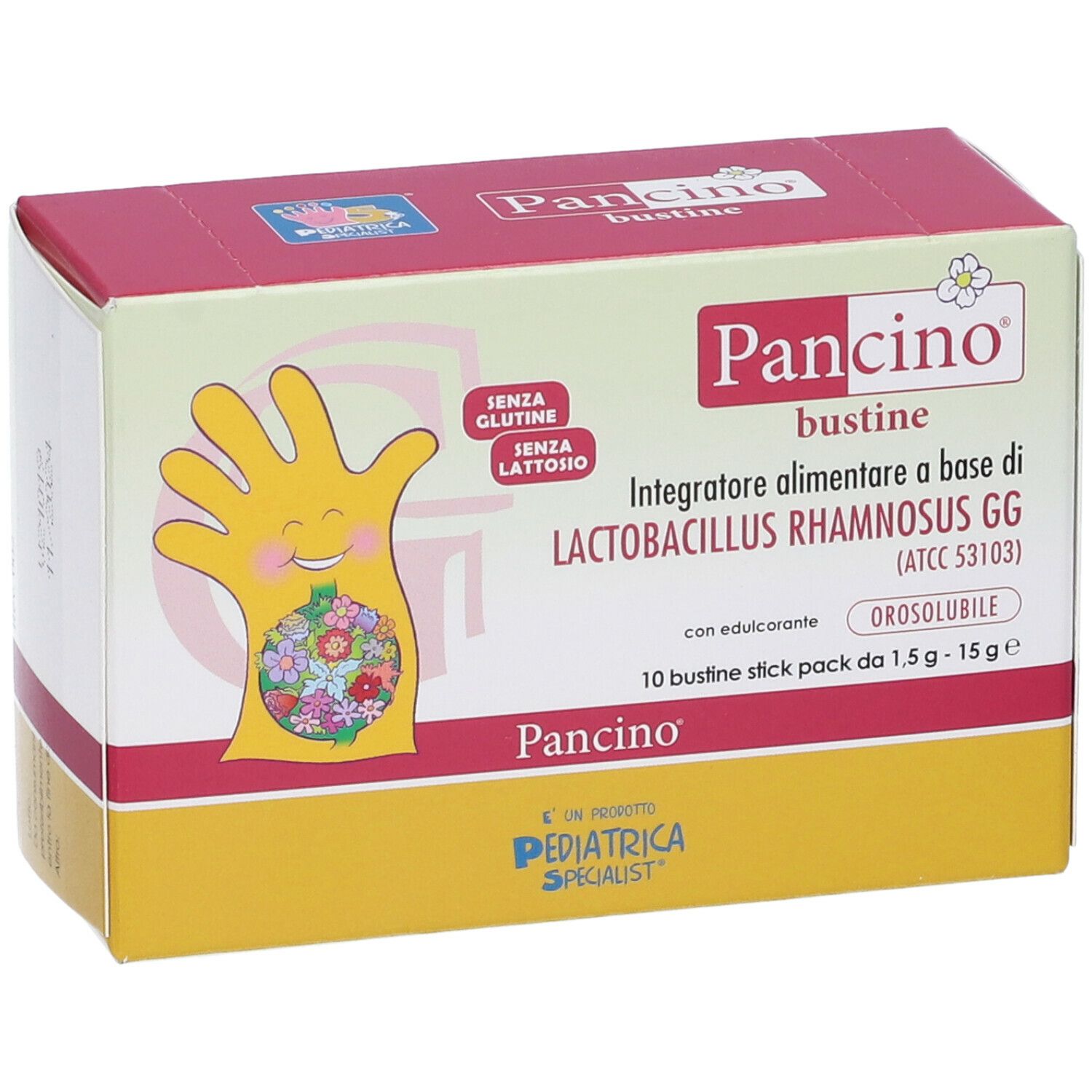 Scatola Pancino con 10 bustine. Scritte: Senza glutine, senza lattosio. Contiene Lactobacillus Rhamnosus GG.