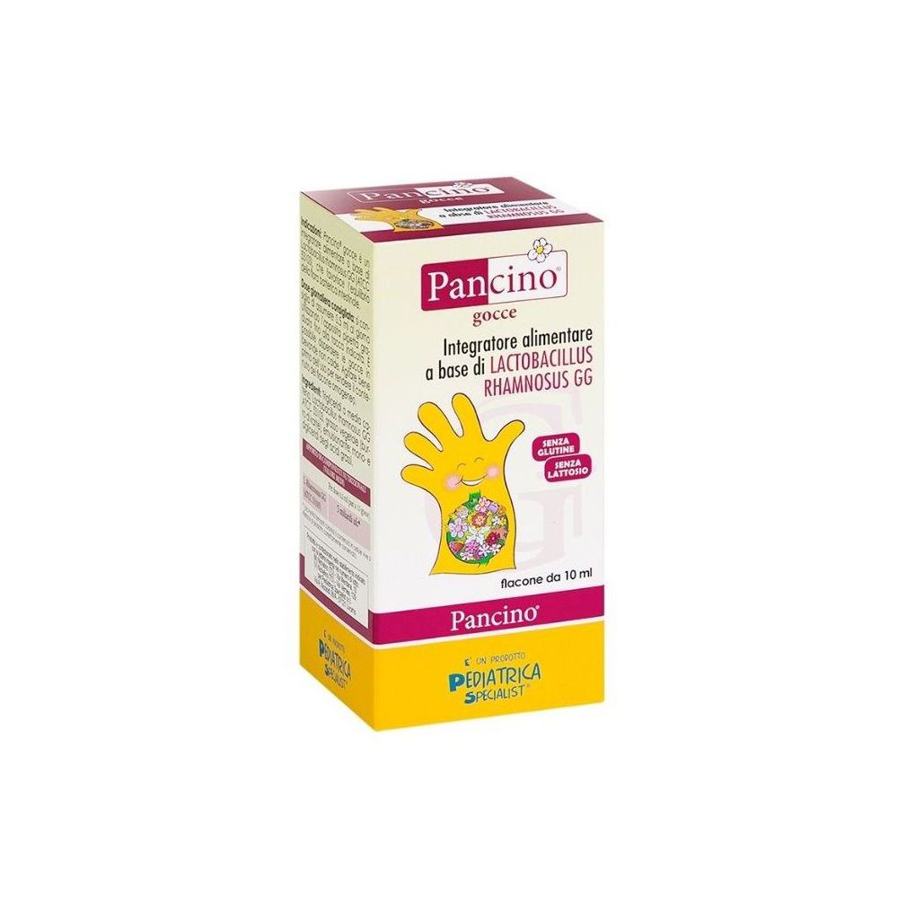 Scatola con stampa del prodotto. Mano gialla con motivo floreale. Testo: Pancino, gocce, Integratore alimentare.