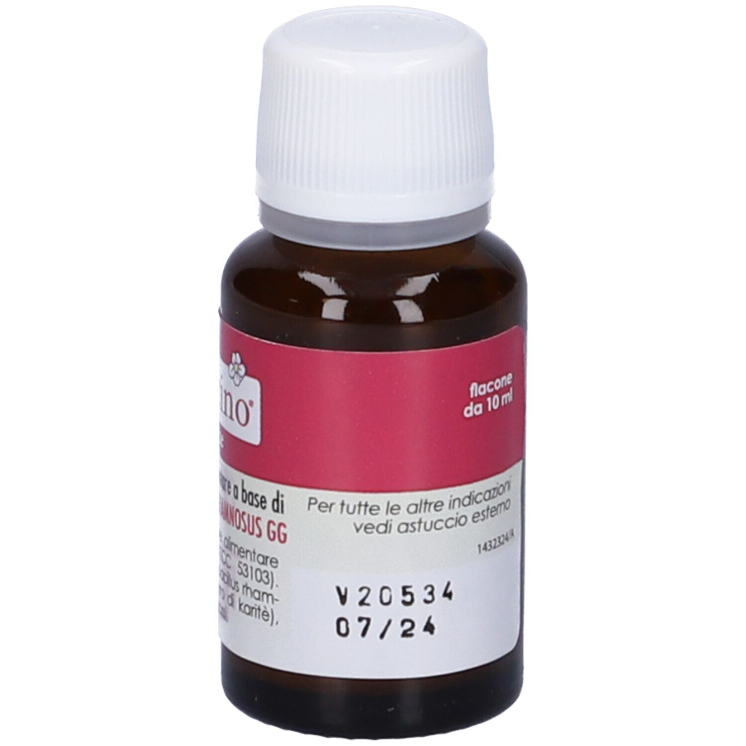 Flacone di vetro marrone con tappo bianco. Adesivo rosso con nome del prodotto e testo. Flacone 10 ml.