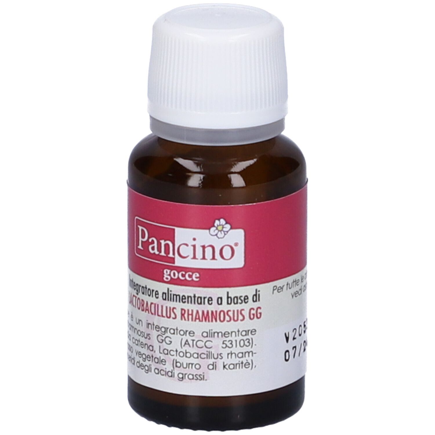 Flacone di vetro marrone con tappo bianco. Adesivo rosso con nome del prodotto e testo. Flacone 10 ml.