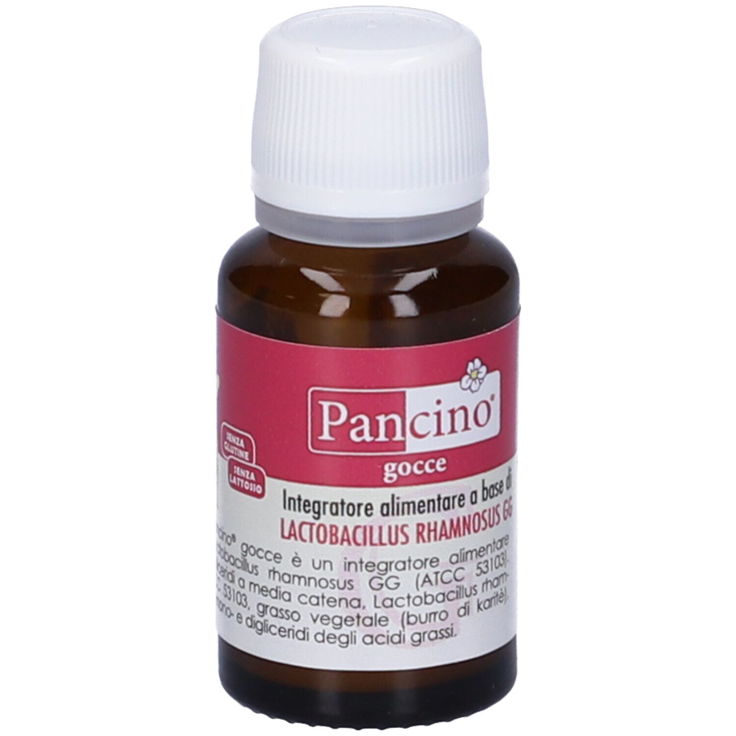 Flacone di vetro marrone con tappo bianco. Adesivo rosso con nome del prodotto e testo. Flacone 10 ml.