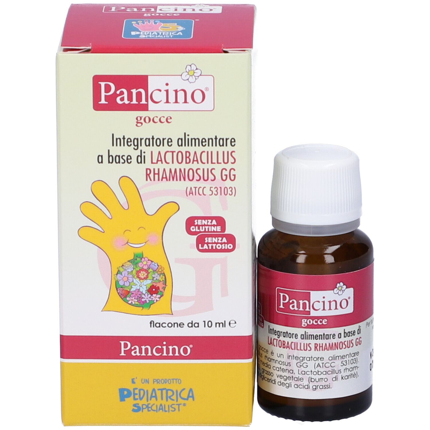 Confezione e flacone del prodotto. Flacone di vetro marrone con tappo bianco. Adesivo rosso con testo. Scatola con testo.