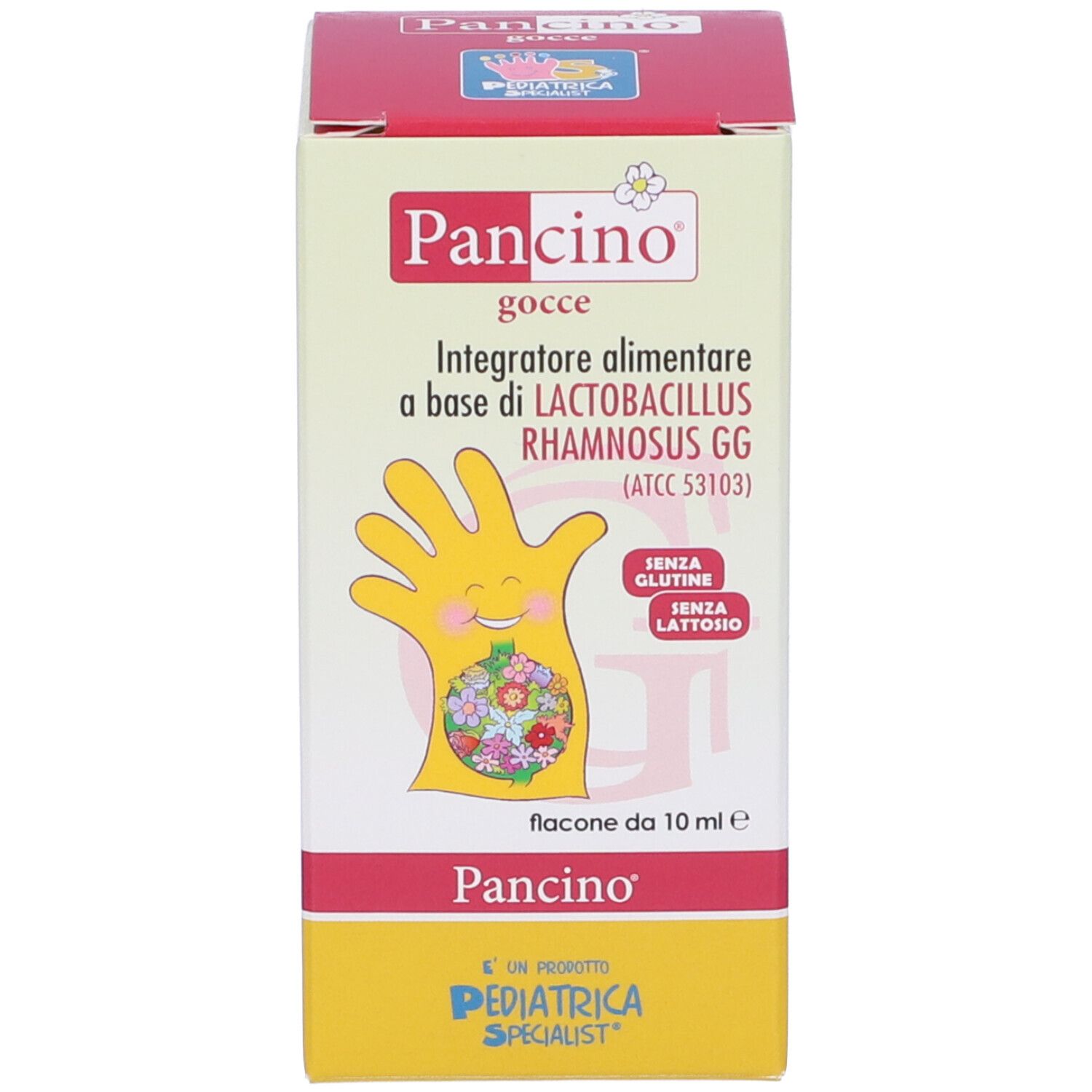 Confezione del prodotto. Scatola con stampa del prodotto. Mano gialla con motivo floreale. Testo: Pancino, gocce, Integratore alimentare.
