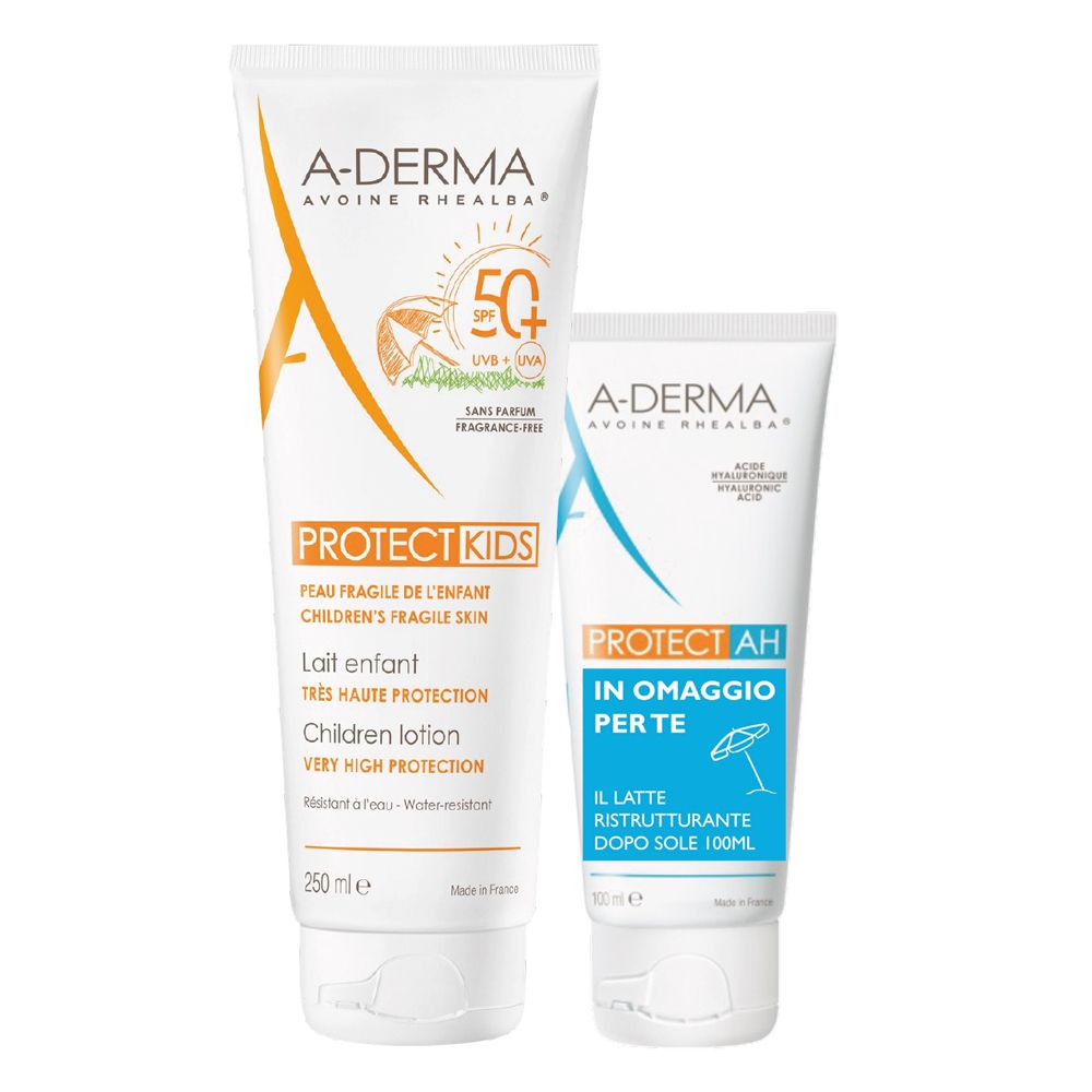 Due tubi, uno grande, uno piccolo. Scritta: A-Derma Protect Kids, SPF50+. Tubo piccolo: Protect AH, in omaggio.