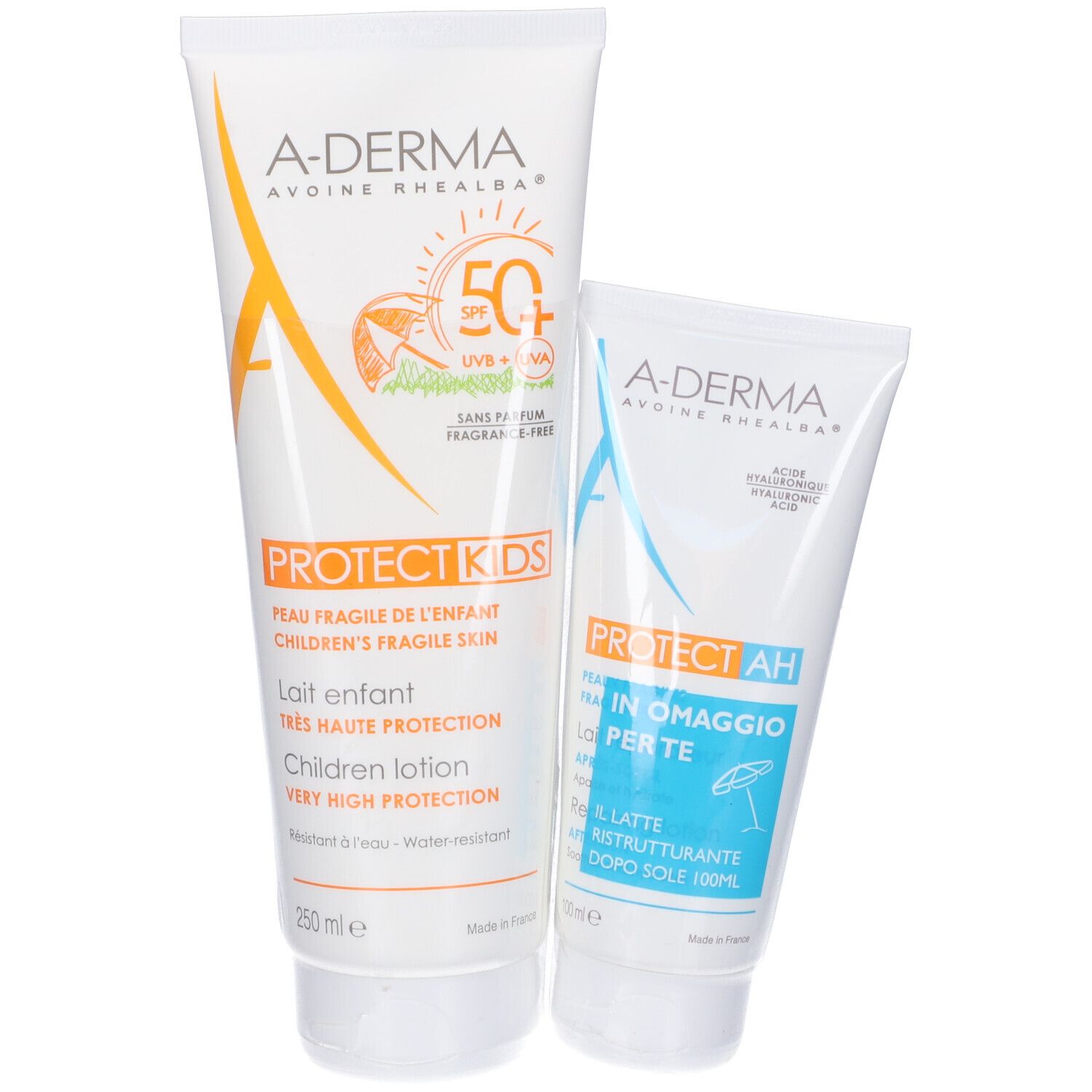 Due tubi, uno grande, uno piccolo. Scritta: A-Derma Protect Kids, SPF50+. Tubo piccolo: Protect AH, in omaggio.