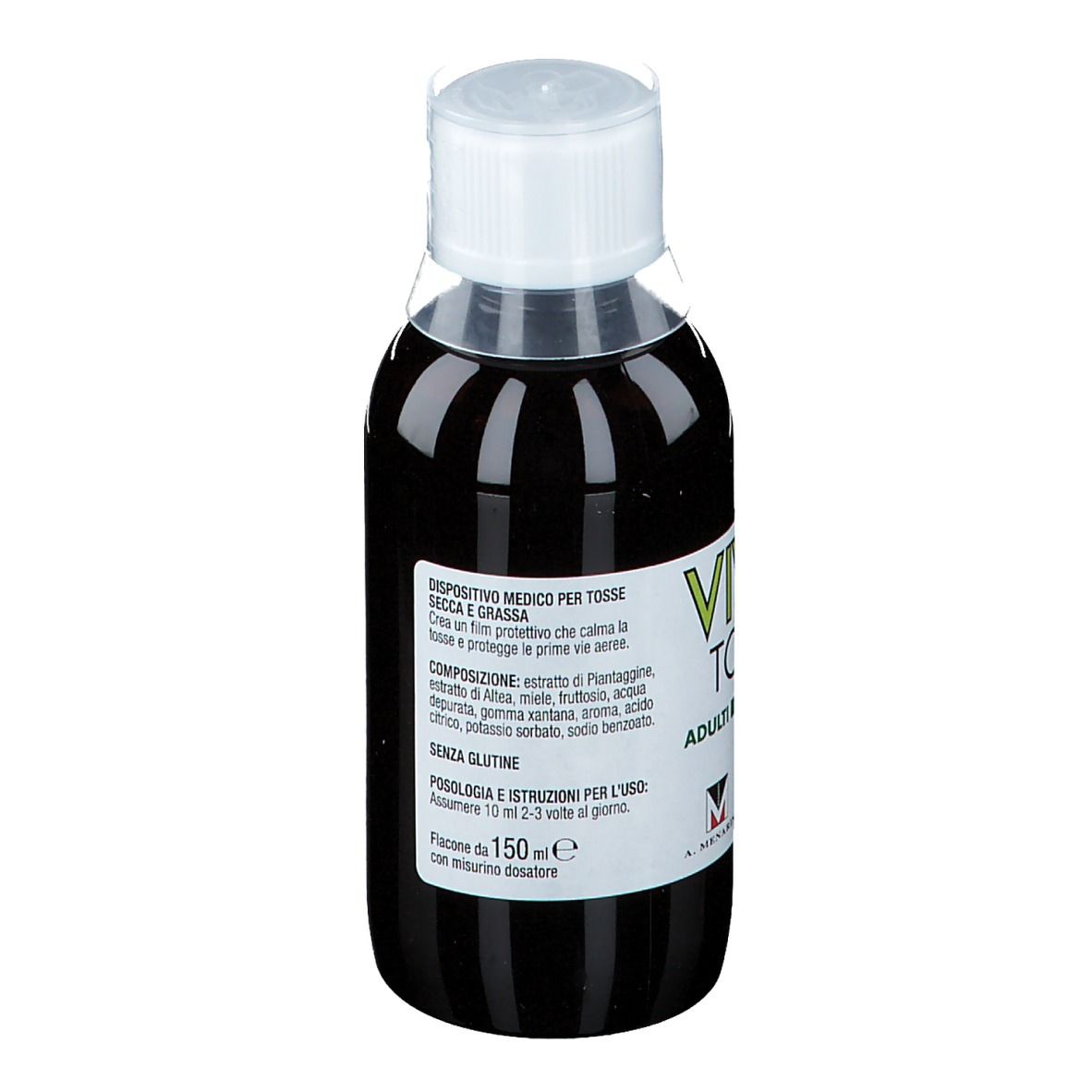 Flacone con tappo bianco. Scritta: VIVIN Tosse Adulti. Dispositivo medico. 150 ml.