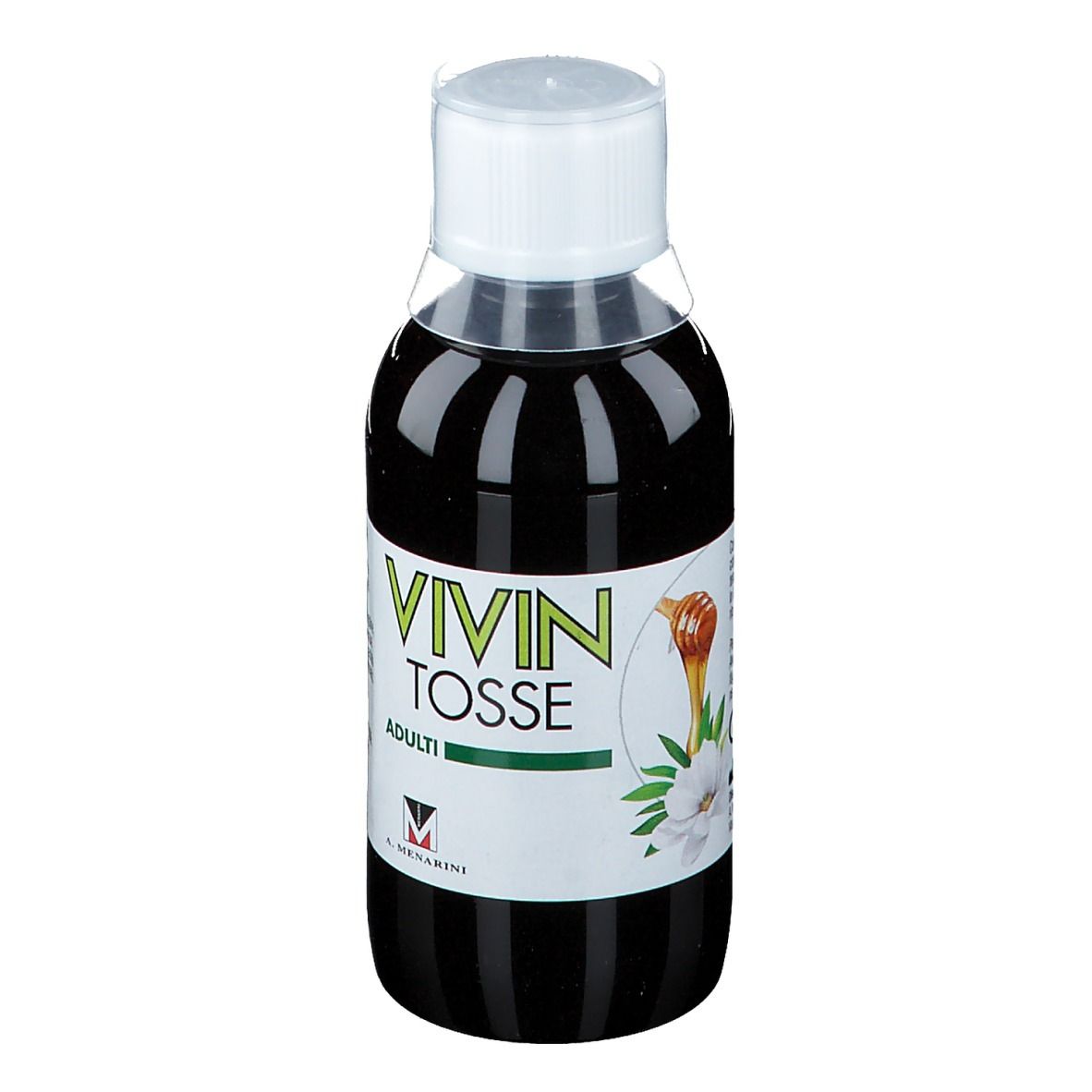 Flacone con tappo bianco. Scritta: VIVIN Tosse Adulti. Logo e illustrazione.