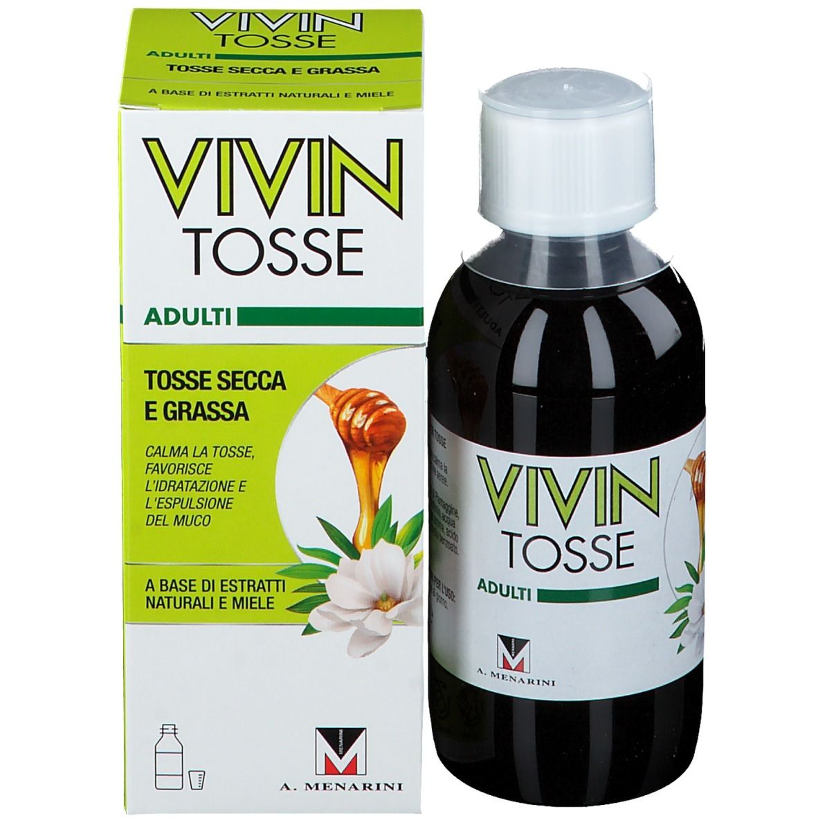 Flacone e scatola. Scritta: VIVIN Tosse Adulti. Illustrazione di miele e fiore. Logo.