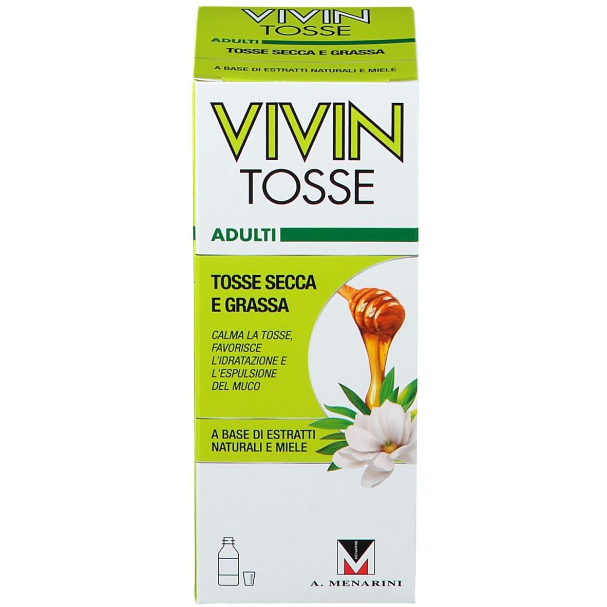 Scatola con scritta: VIVIN Tosse Adulti. Illustrazione di miele e fiore. Logo.