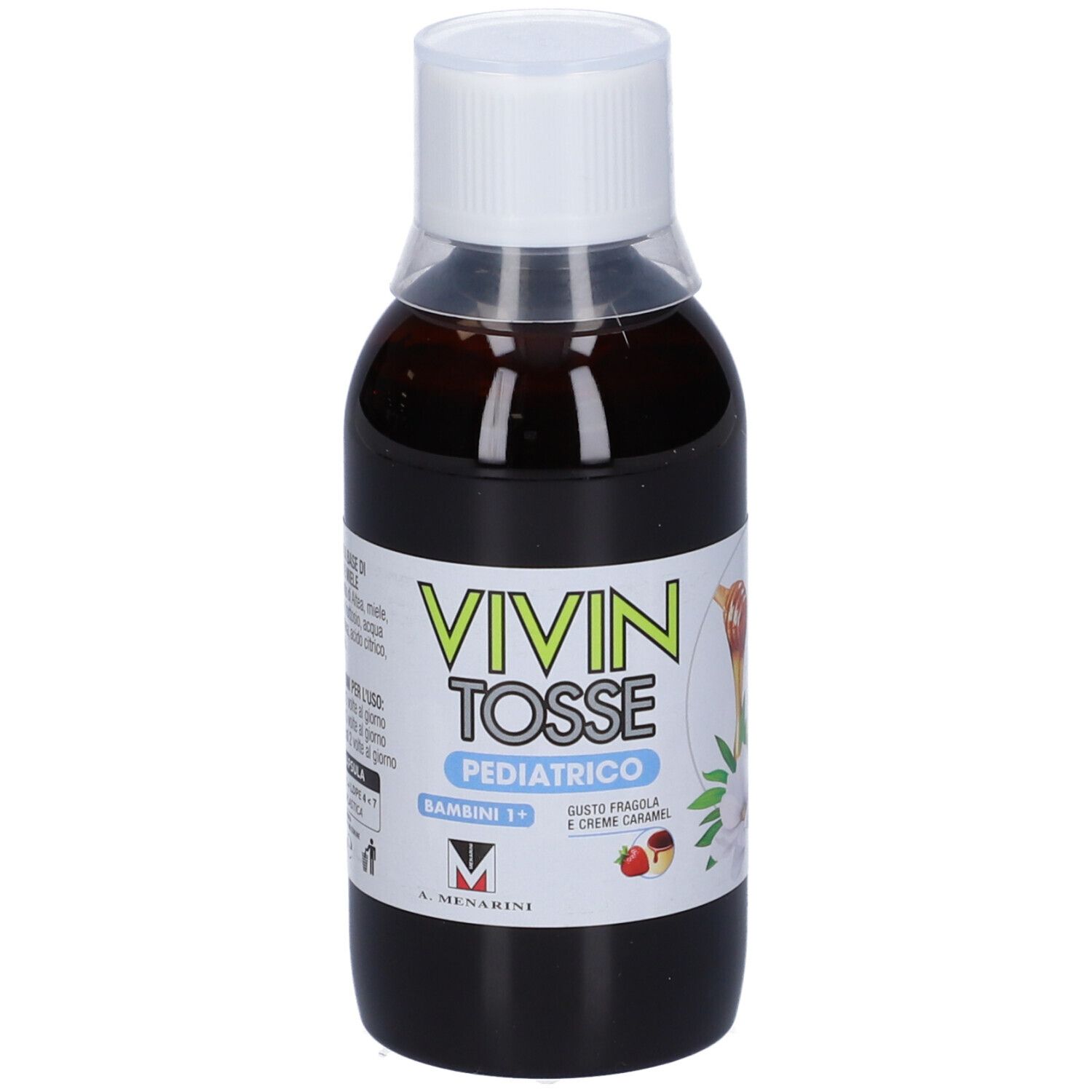 Vivin Tosse Pediatrico, sciroppo. Flacone. Testo: Gusto fragola e crema caramello.