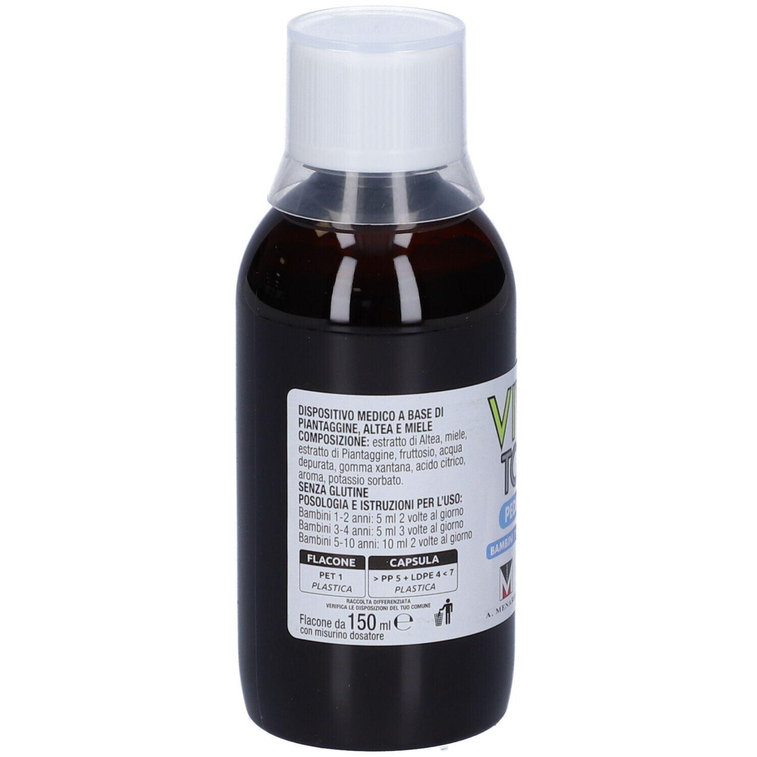 Vivin Tosse Pediatrico, sciroppo. Flacone. Testo: Gusto fragola e crema caramello.