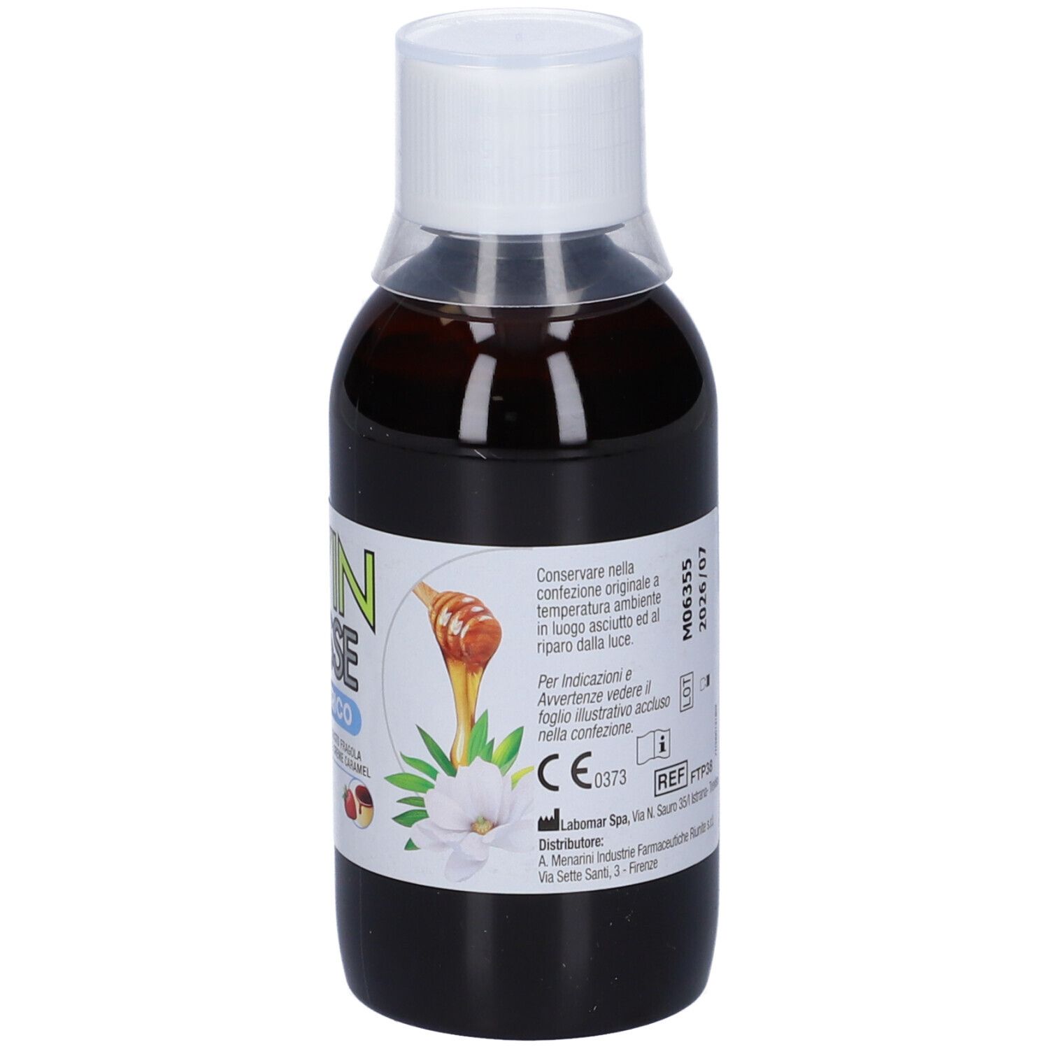Vivin Tosse Pediatrico, sciroppo. Flacone. Testo: Gusto fragola e crema caramello.