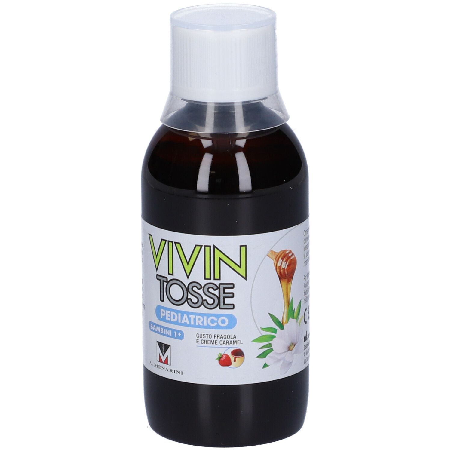 Vivin Tosse Pediatrico, sciroppo. Flacone. Testo: Gusto fragola e crema caramello.