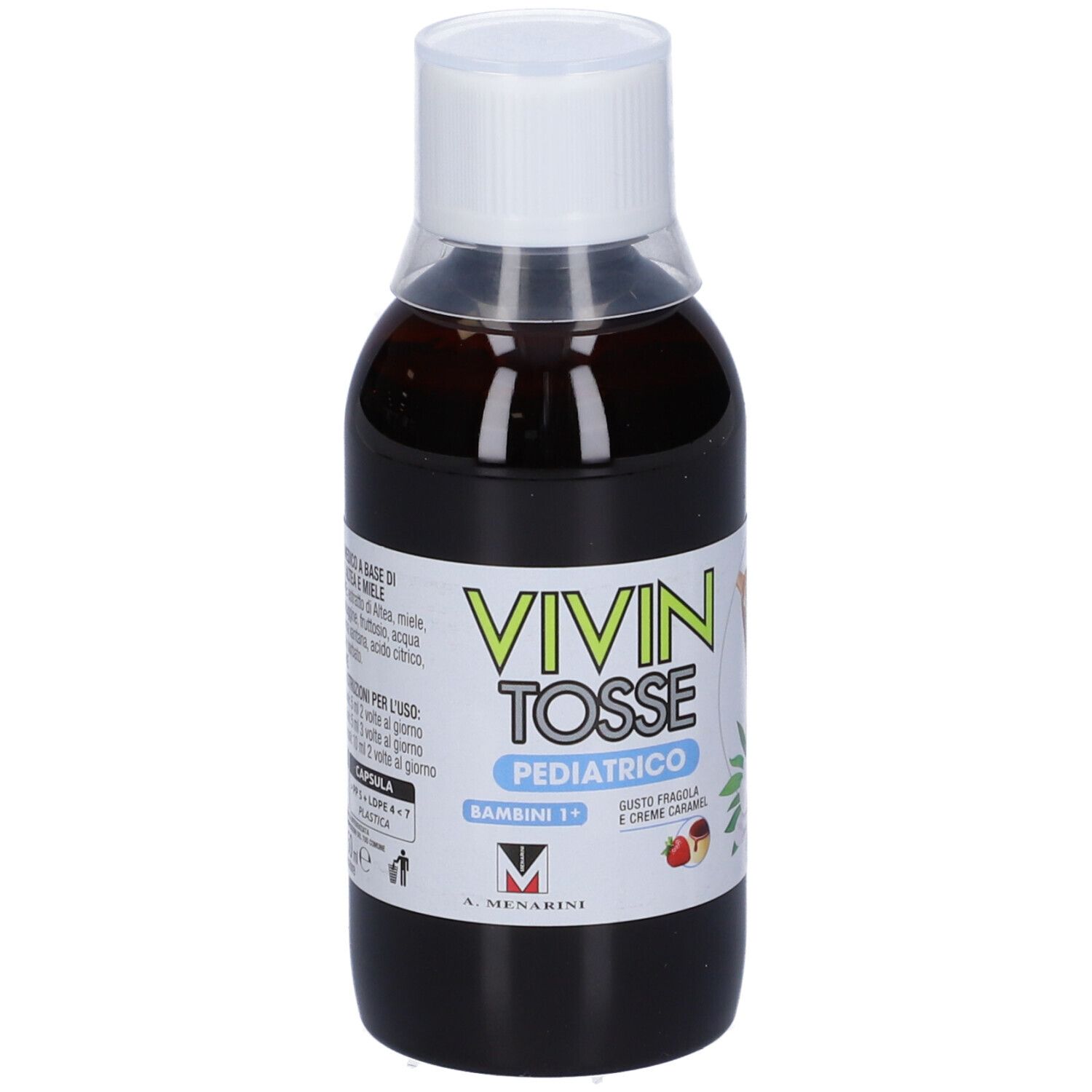 Vivin Tosse Pediatrico, sciroppo. Flacone. Testo: Gusto fragola e crema caramello.