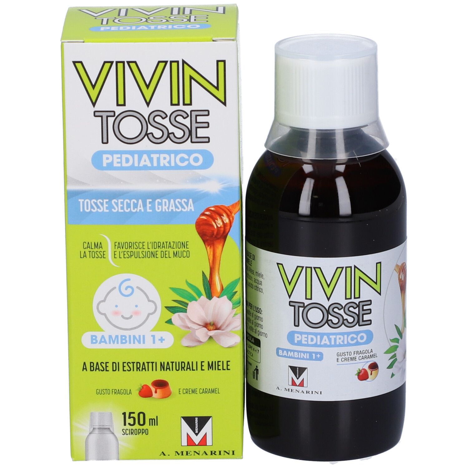 Vivin Tosse Pediatrico, sciroppo. Flacone e scatola. Testo: Tosse Secca e Grassa, 150 ml.