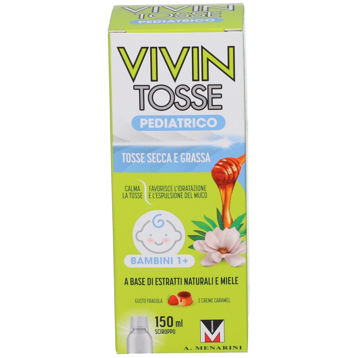 Vivin Tosse Pediatrico, sciroppo. Scatola. Testo: Tosse Secca e Grassa, 150 ml.