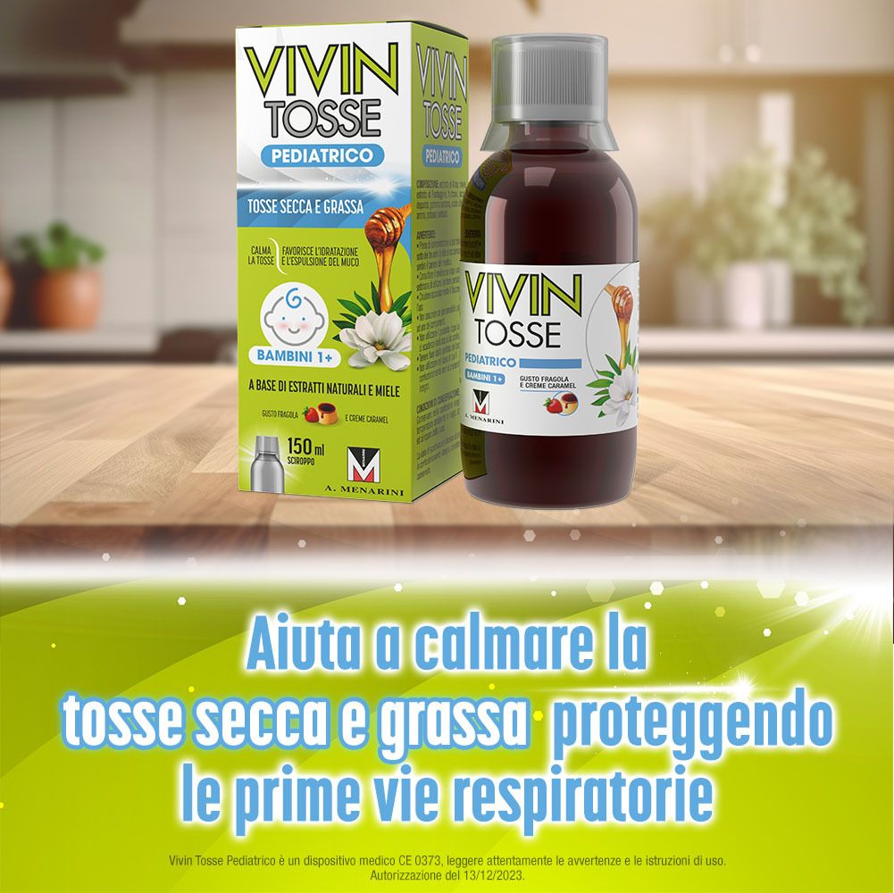 Vivin Tosse Pediatrico, sciroppo. Flacone. Testo: Aiuta a calmare la tosse secca e grassa.