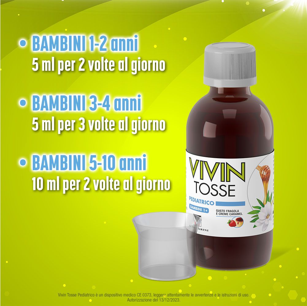 Vivin Tosse Pediatrico, sciroppo. Flacone e misurino. Dosaggio per bambini.