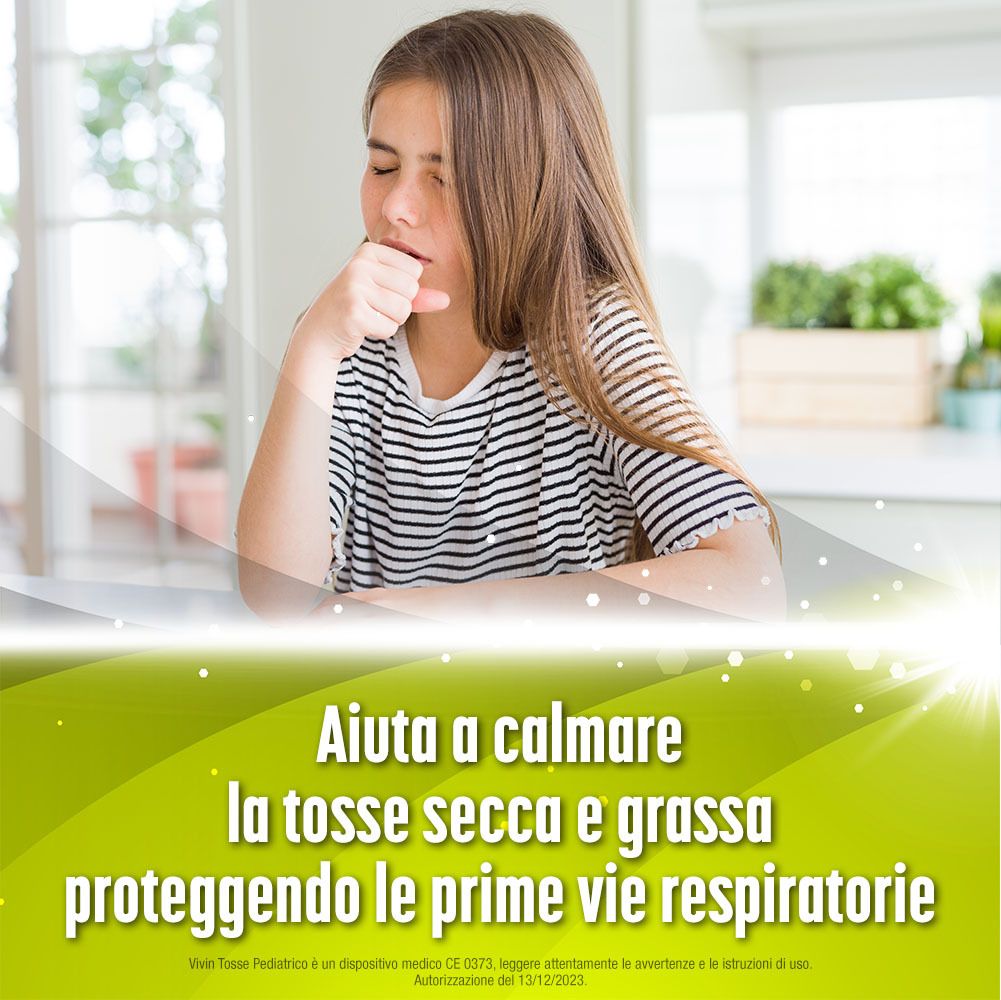 Bambina che tossisce. Testo: Aiuta a calmare la tosse secca e grassa. Protegge le vie respiratorie.