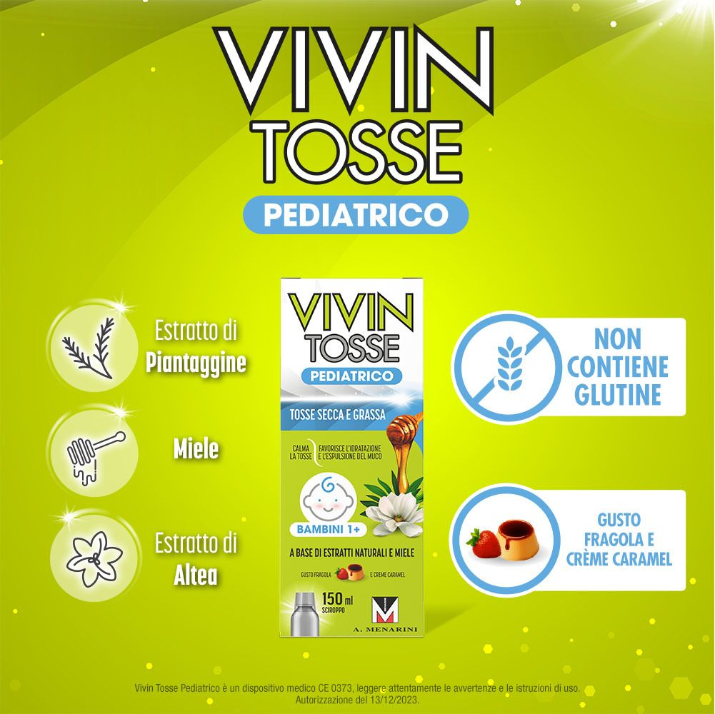 Vivin Tosse Pediatrico, sciroppo. Testo: Senza glutine. Ingredienti: Malva, miele, piantaggine.