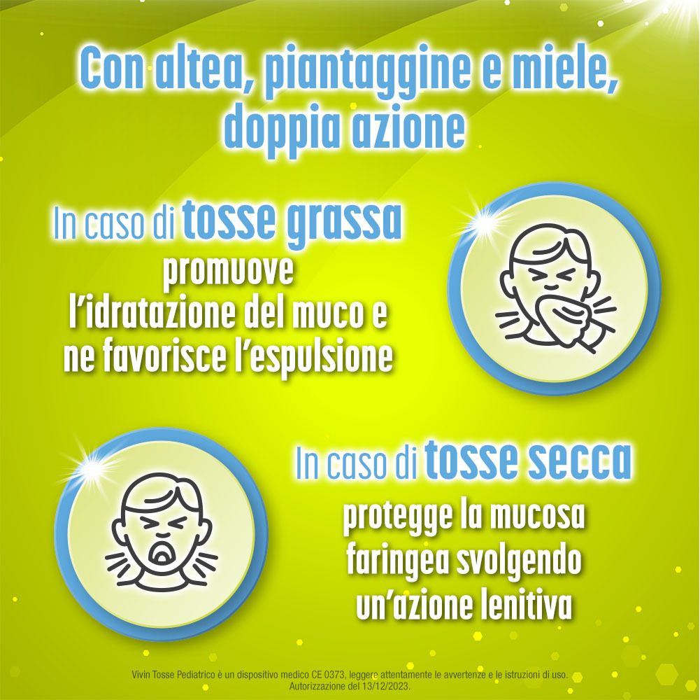 Vivin Tosse Pediatrico, sciroppo. Testo: Per tosse grassa, favorisce l'idratazione. Per tosse secca.