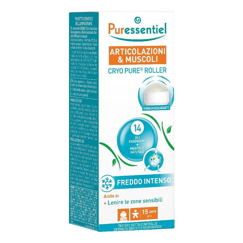 Puressentiel Cryo Pure Roller. Verpackung mit Produktabbildung und Text. Enthält 14 ätherische Öle und Menthol. Für Gelenke und Muskeln.