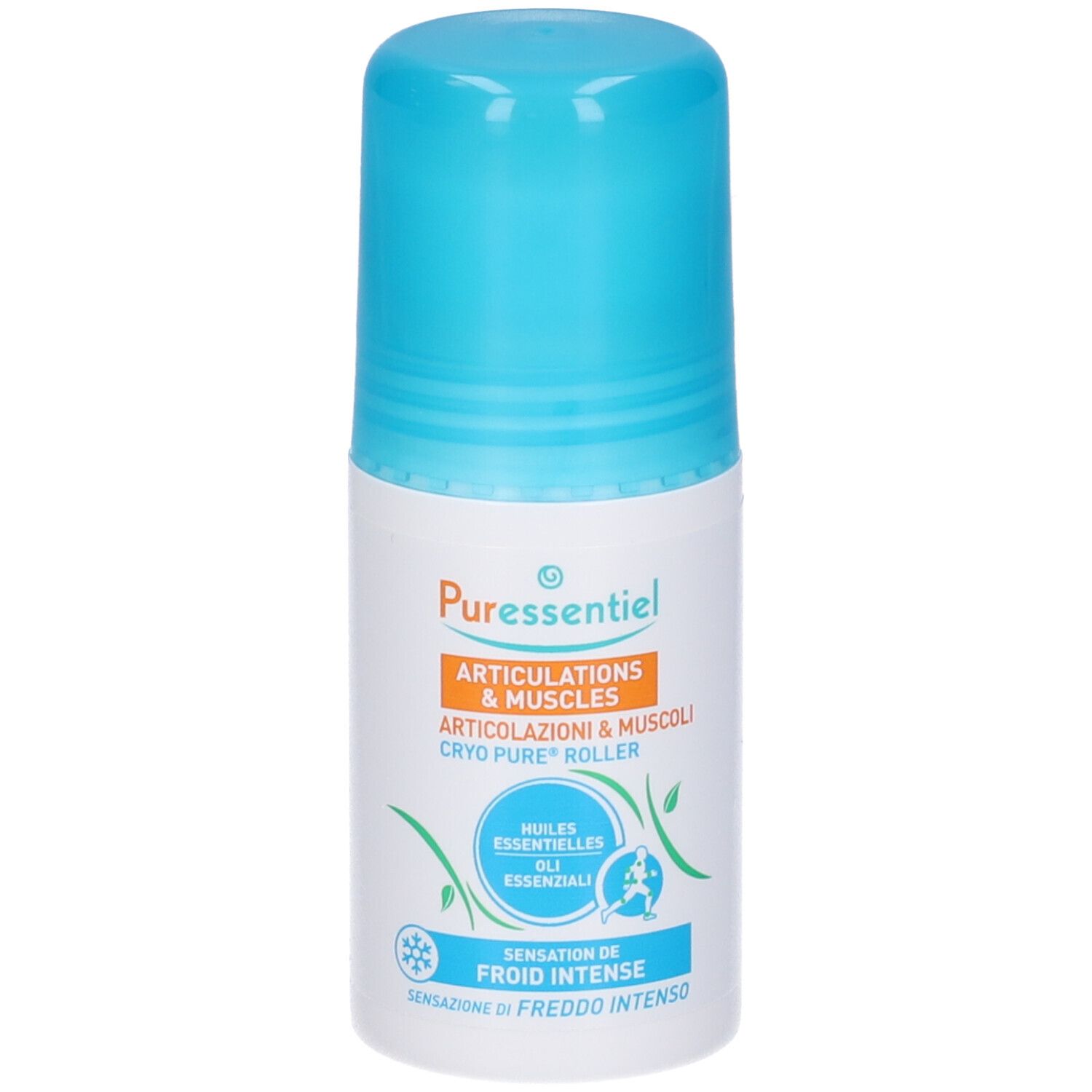 Puressentiel Cryo Pure Roller. Weißer Behälter mit blauem Deckel. Enthält ätherische Öle und Menthol. Für Gelenke und Muskeln.
