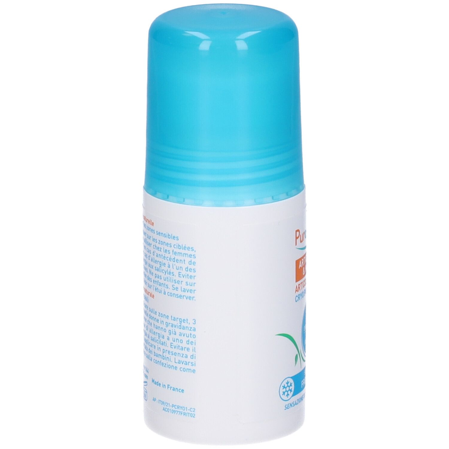 Puressentiel Cryo Pure Roller. Rückansicht des Rollers. Textinformationen und Inhaltsstoffe. Hergestellt in Frankreich.