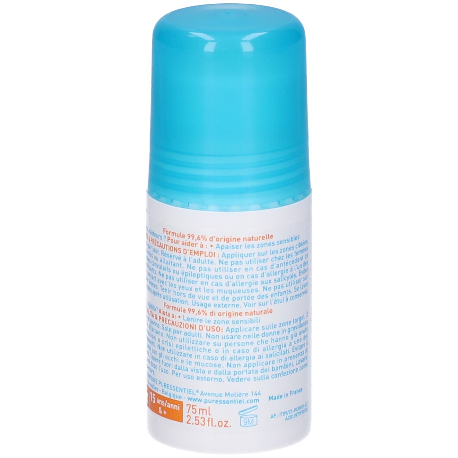 Puressentiel Cryo Pure Roller. Rückansicht des Rollers. Textinformationen und Inhaltsstoffe. 75 ml.