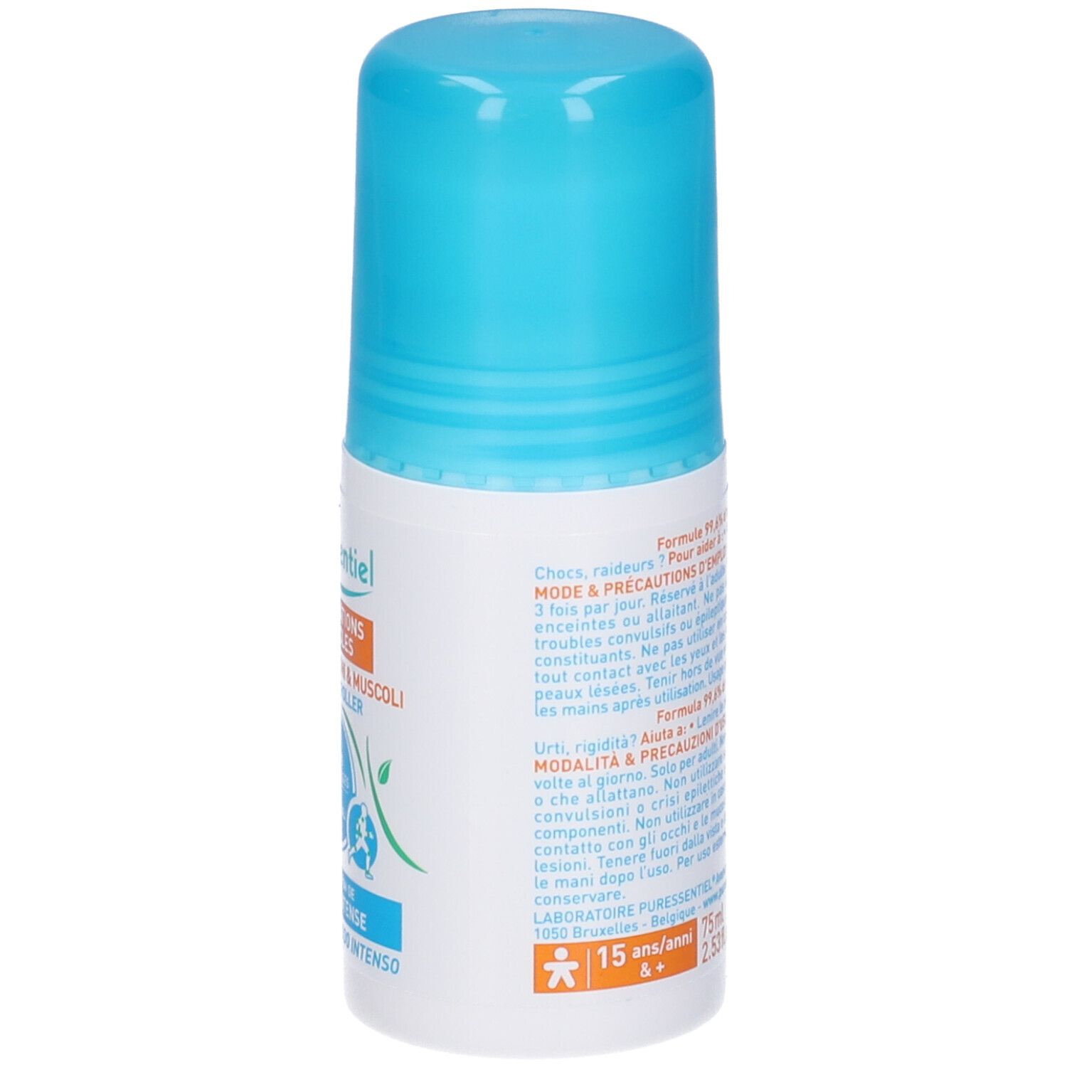 Puressentiel Cryo Pure Roller. Rückansicht des Rollers. Textinformationen und Inhaltsstoffe. 75 ml.
