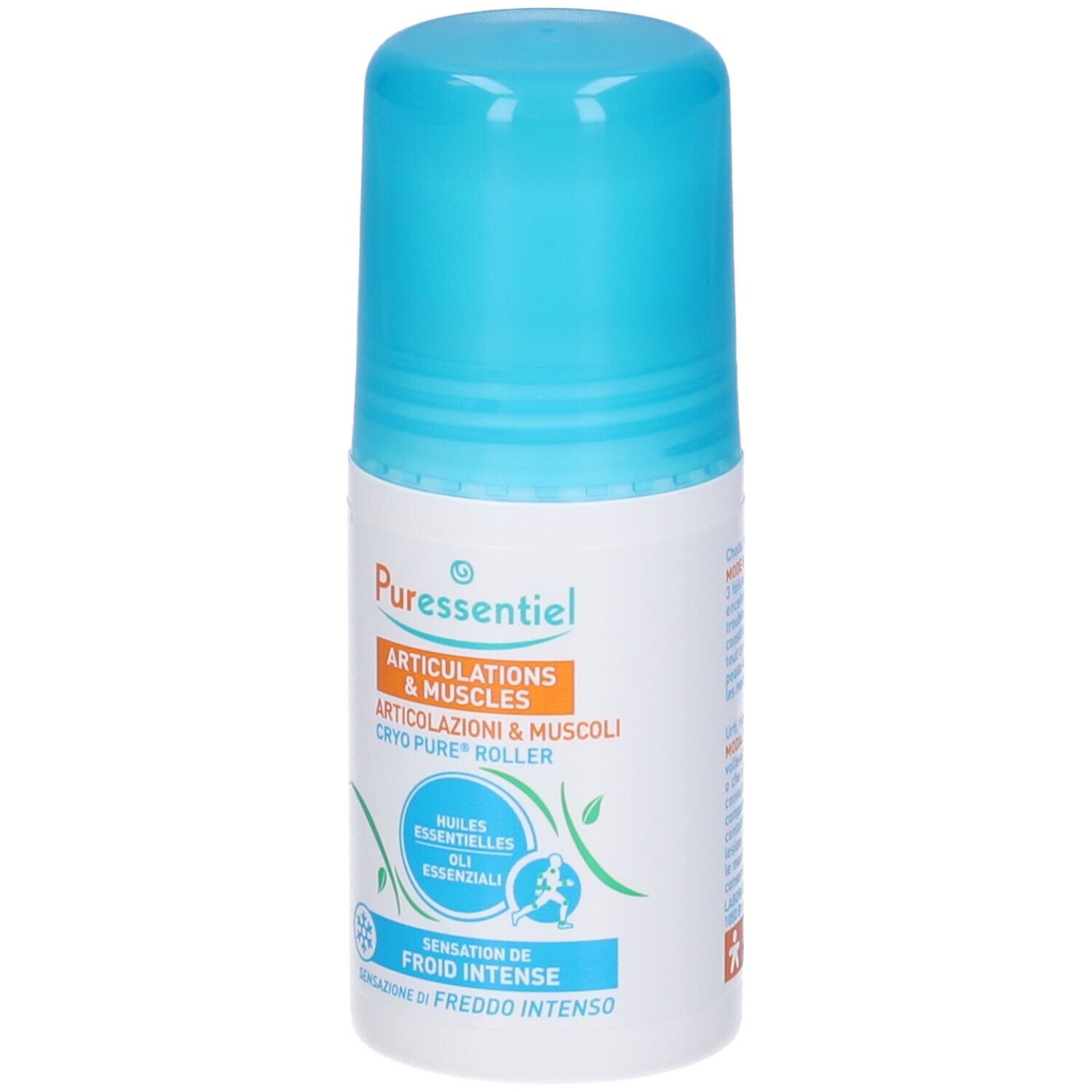 Puressentiel Cryo Pure Roller. Weißer Behälter mit blauem Deckel. Enthält ätherische Öle und Menthol. Für Gelenke und Muskeln.